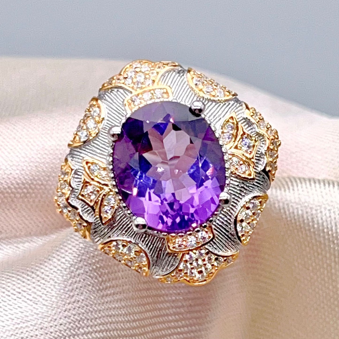 Amethyst Ring with Gold Filigree and Zircon Halo