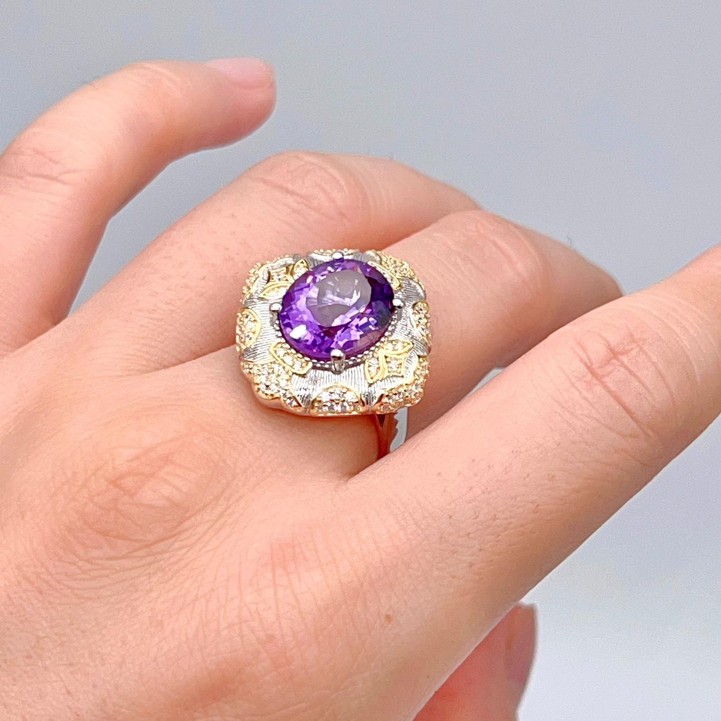 Amethyst Ring with Gold Filigree and Zircon Halo