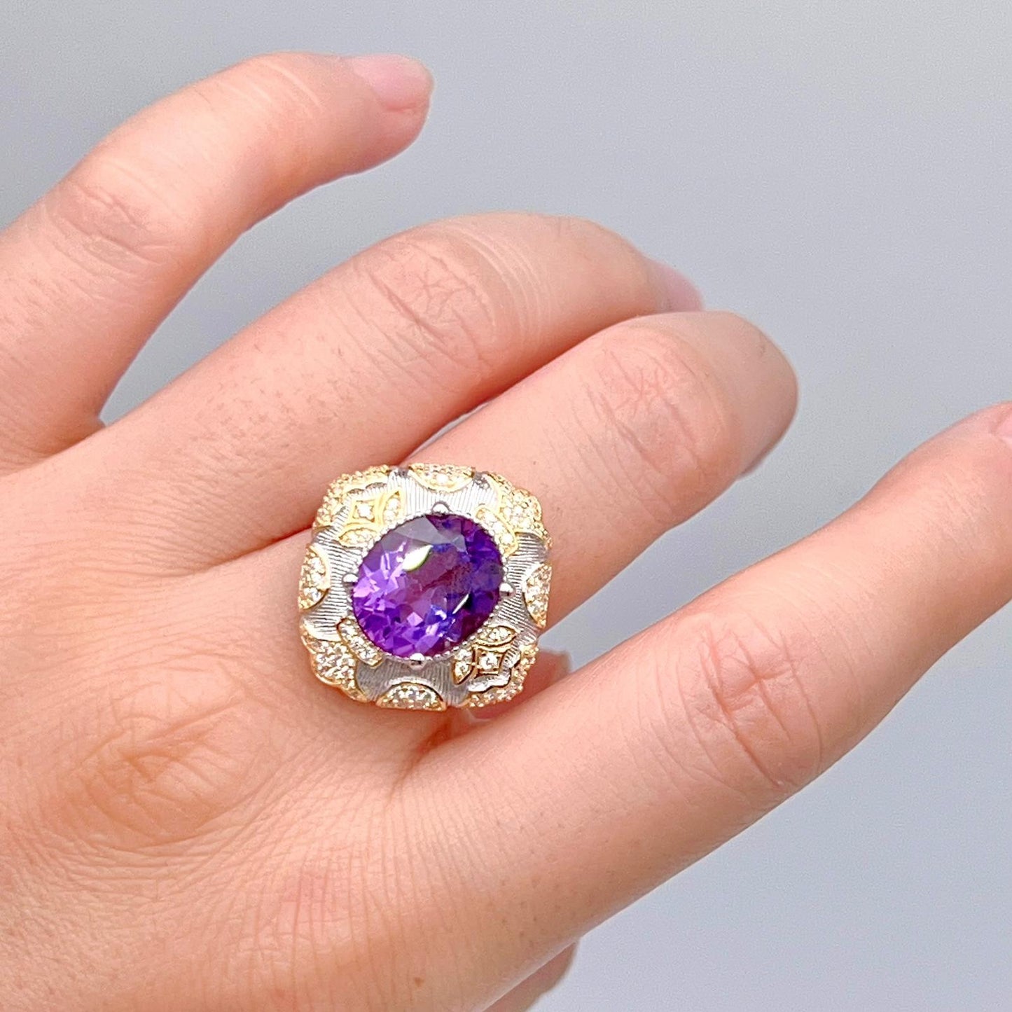 Amethyst Ring with Gold Filigree and Zircon Halo