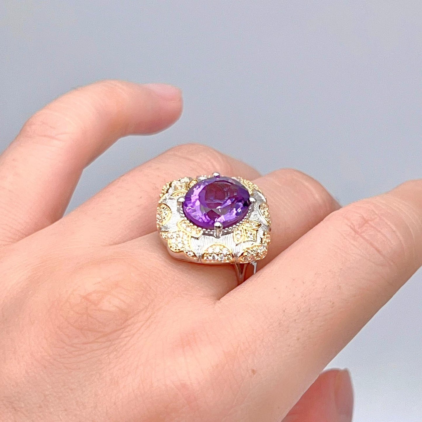 Amethyst Ring with Gold Filigree and Zircon Halo