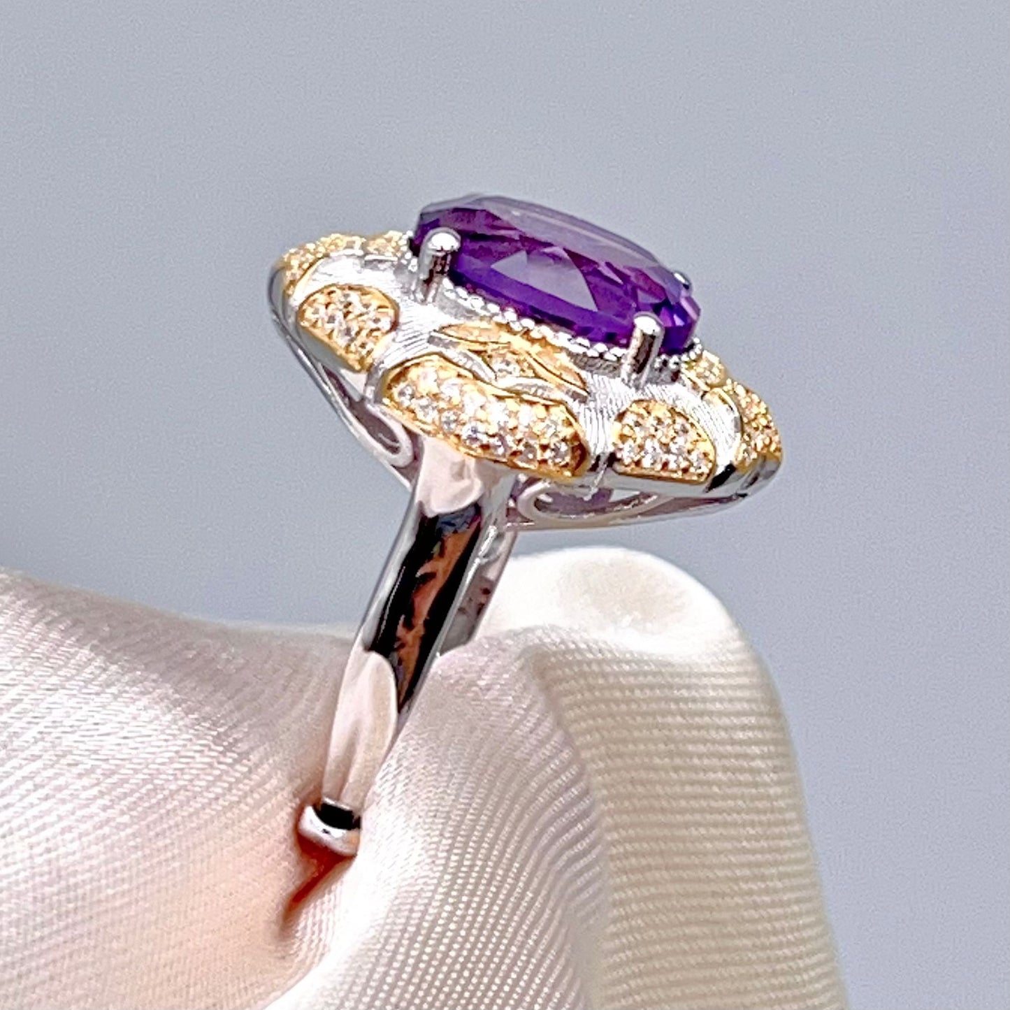 Amethyst Ring with Gold Filigree and Zircon Halo