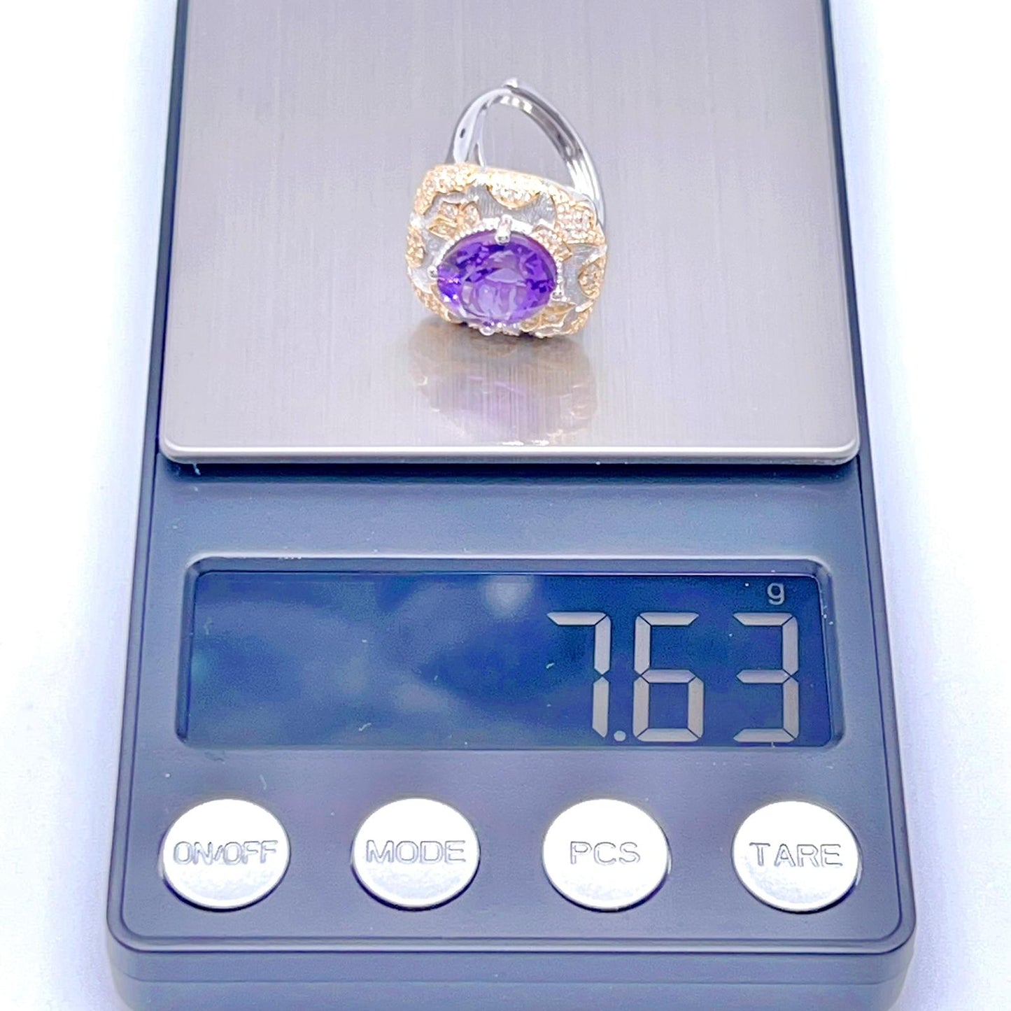 Amethyst Ring with Gold Filigree and Zircon Halo