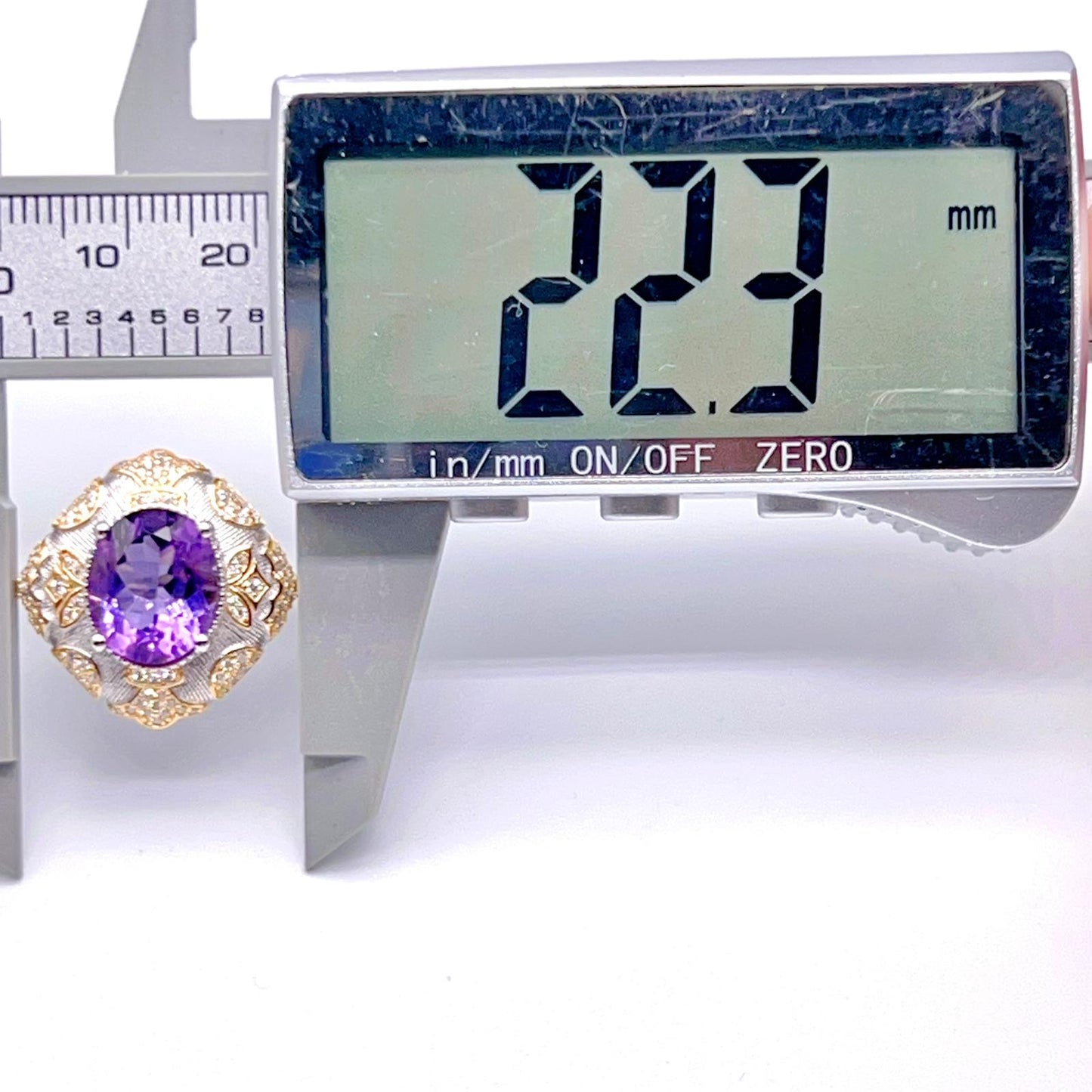 Amethyst Ring with Gold Filigree and Zircon Halo