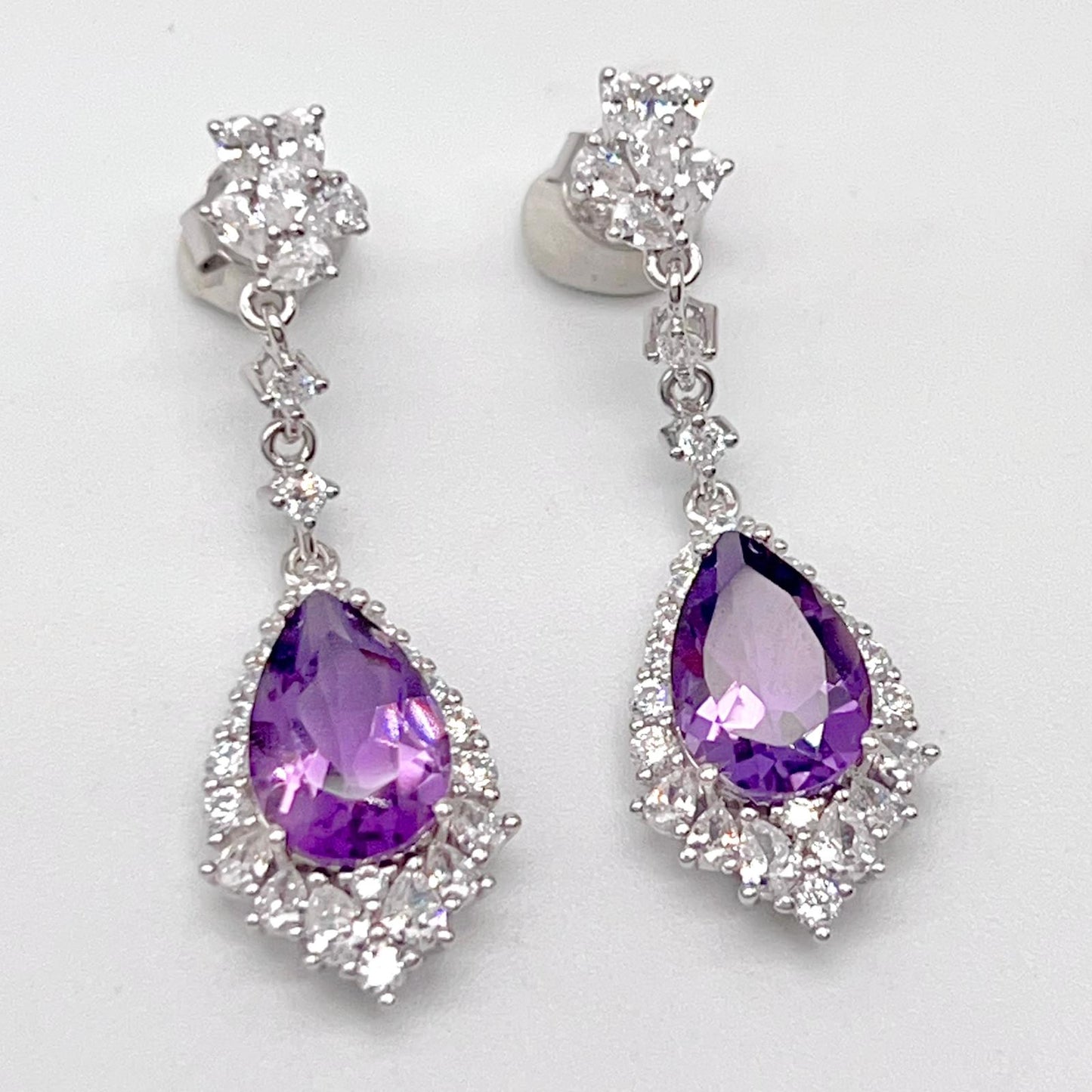 Elegant Pear Amethyst and Zirconia Drop Earrings