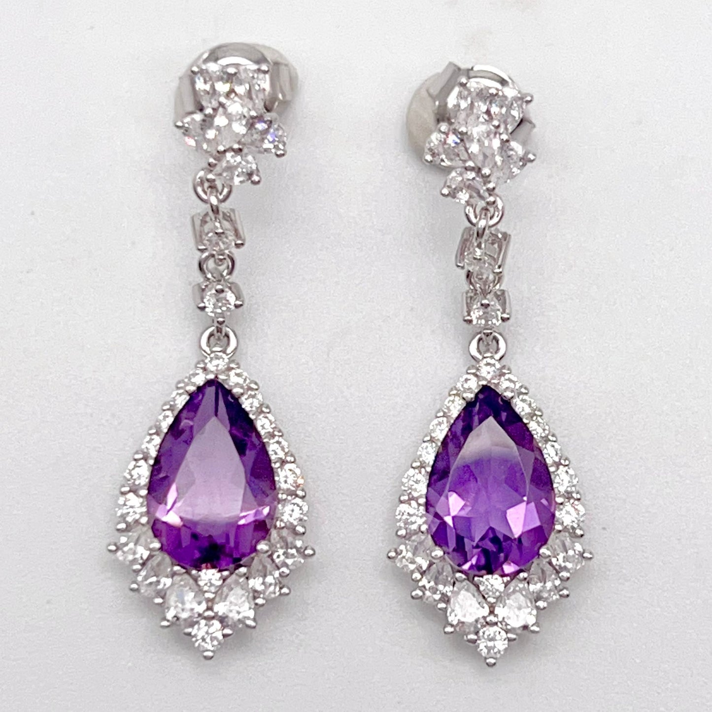 Elegant Pear Amethyst and Zirconia Drop Earrings
