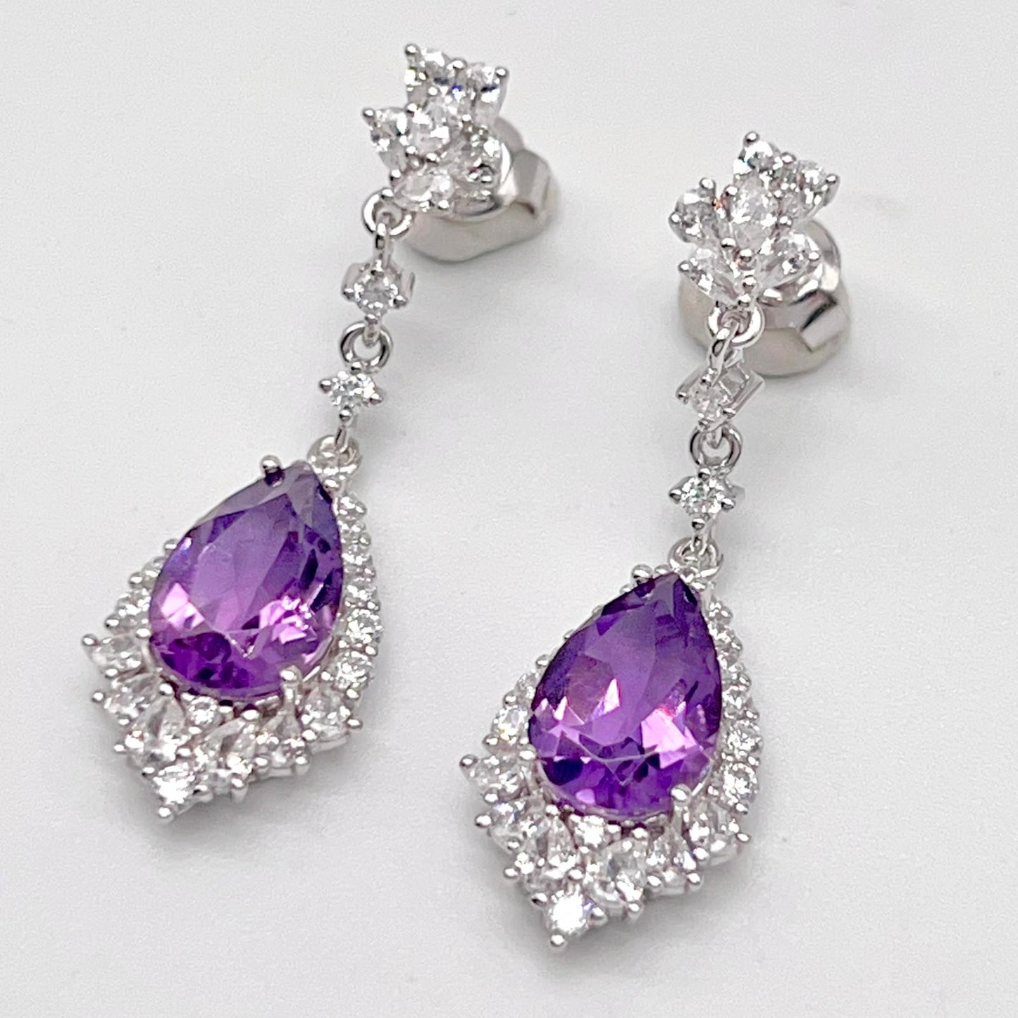 Elegant Pear Amethyst and Zirconia Drop Earrings