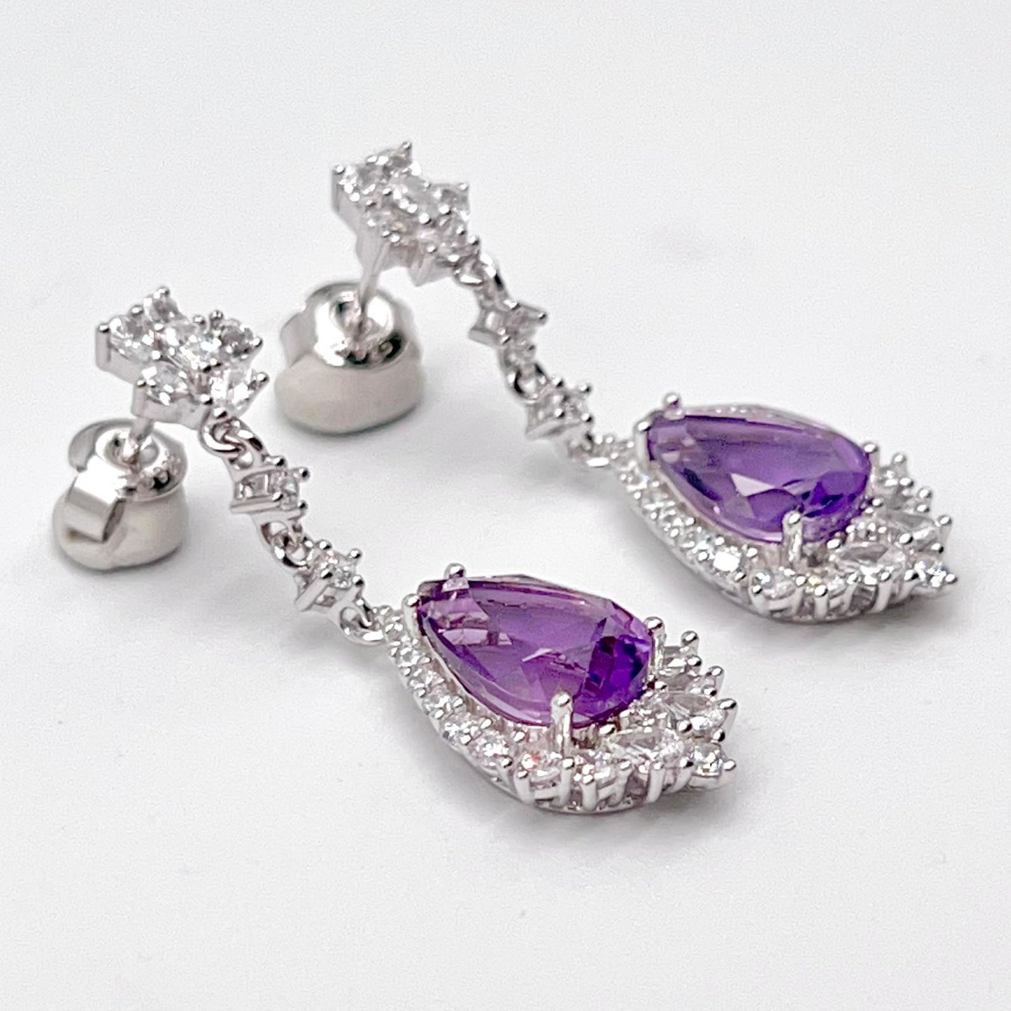 Elegant Pear Amethyst and Zirconia Drop Earrings
