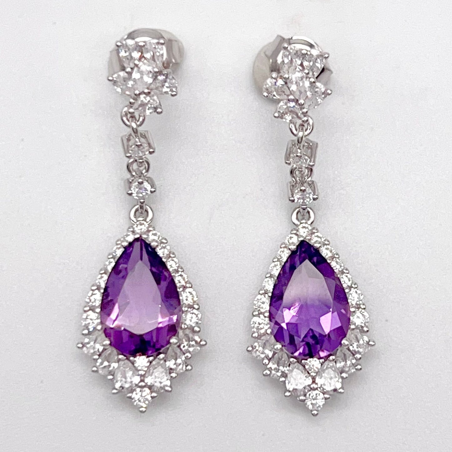 Elegant Pear Amethyst and Zirconia Drop Earrings