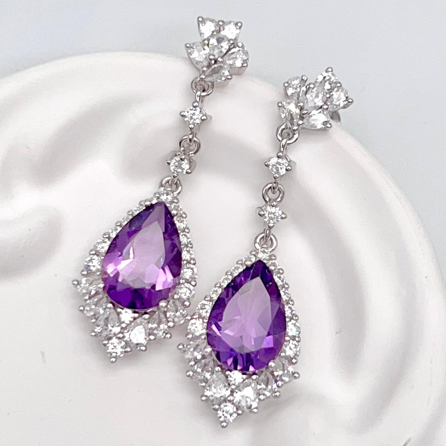 Elegant Pear Amethyst and Zirconia Drop Earrings