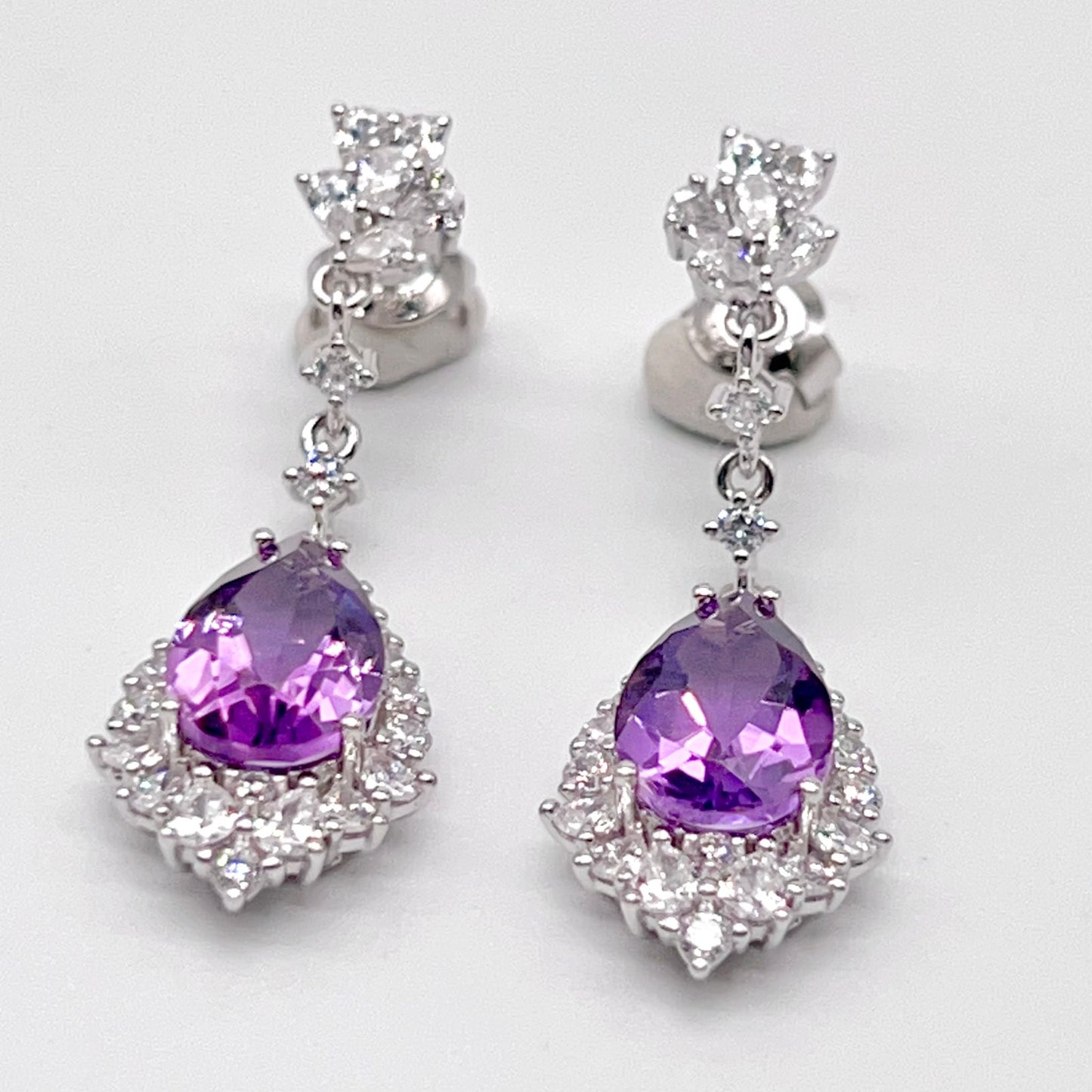 Elegant Pear Amethyst and Zirconia Drop Earrings