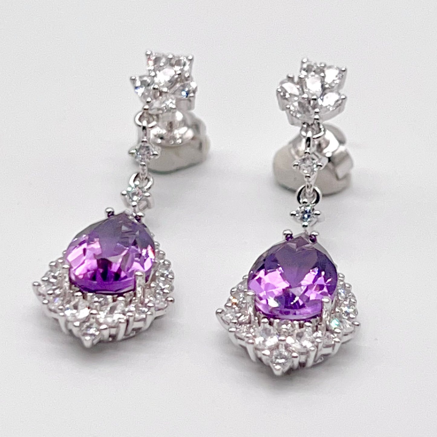 Elegant Pear Amethyst and Zirconia Drop Earrings