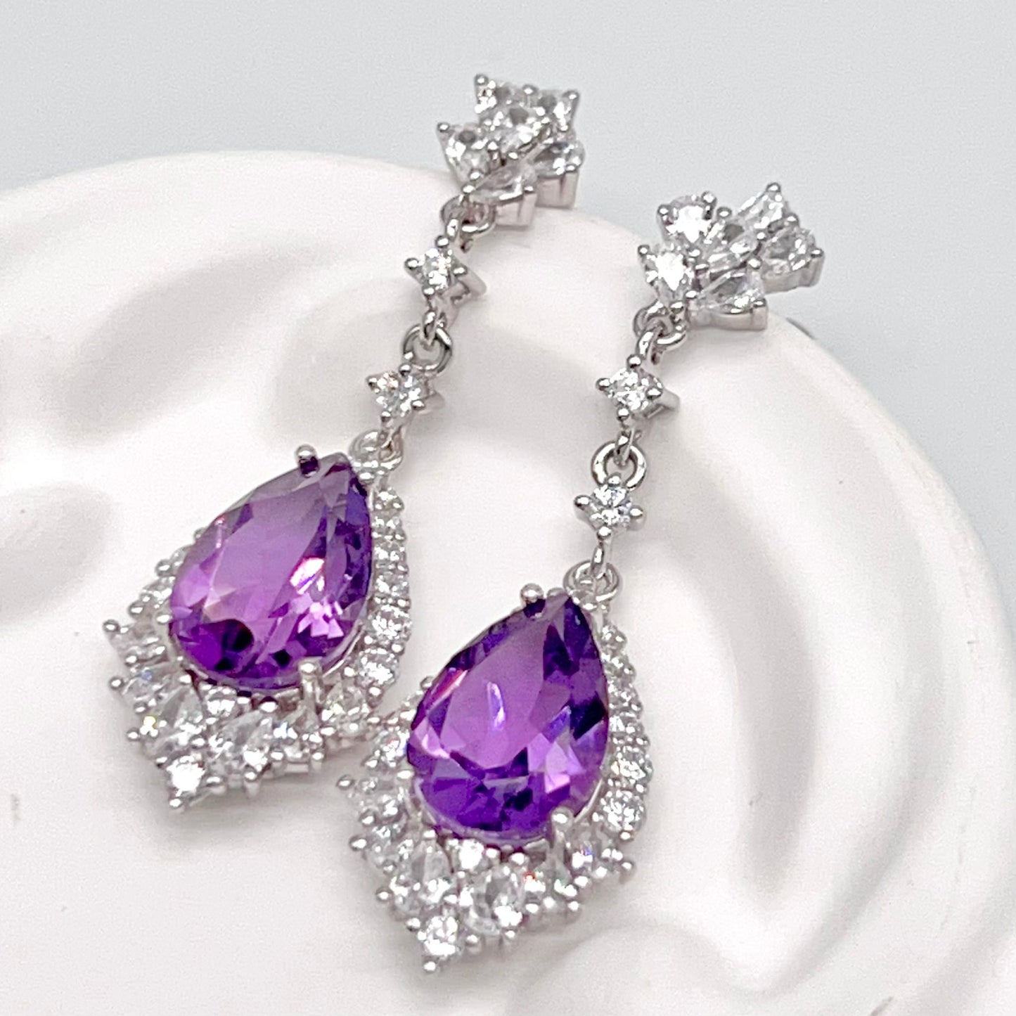 Elegant Pear Amethyst and Zirconia Drop Earrings