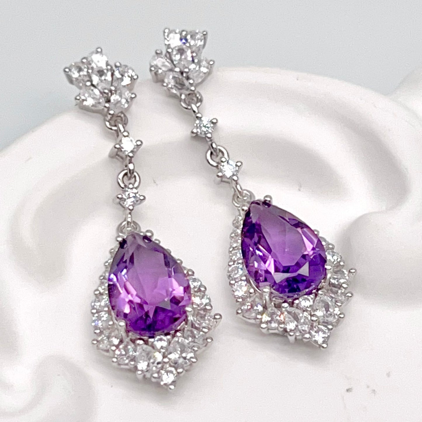 Elegant Pear Amethyst and Zirconia Drop Earrings