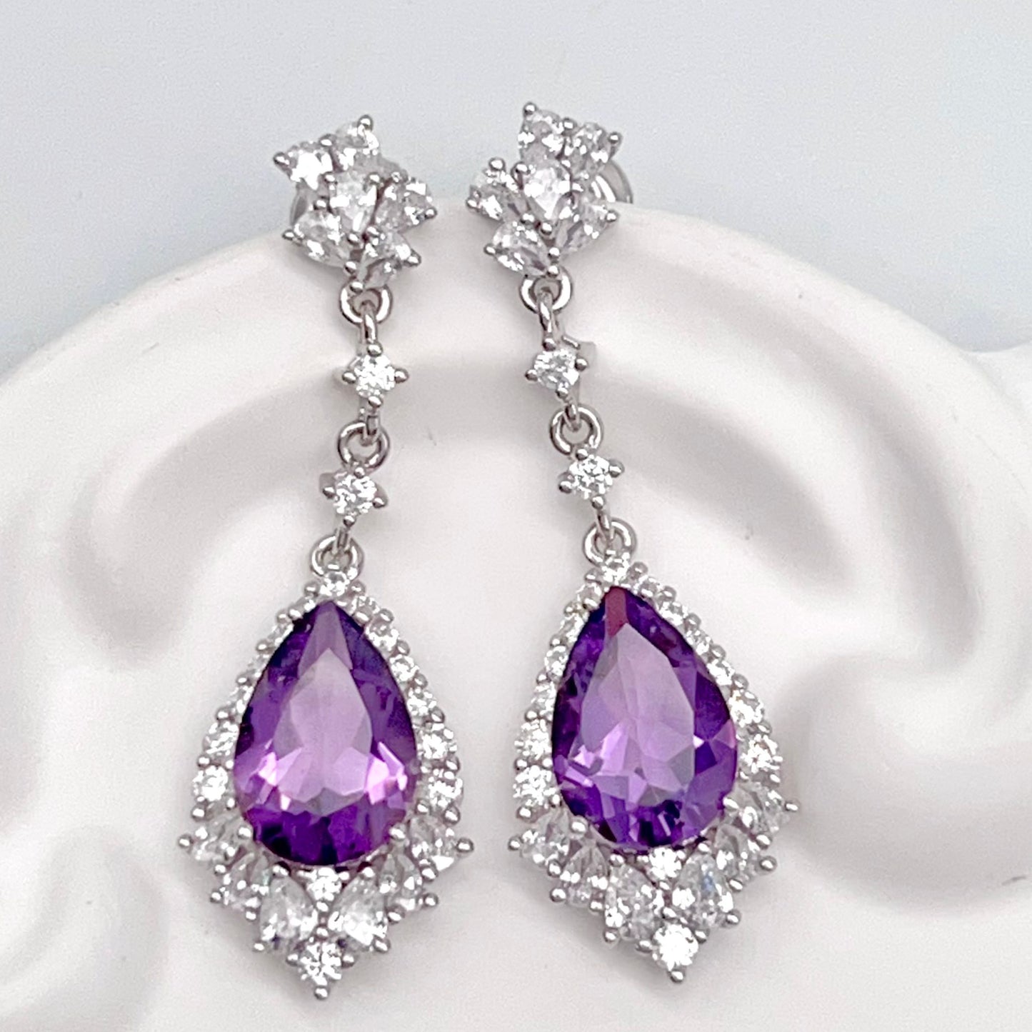 Elegant Pear Amethyst and Zirconia Drop Earrings
