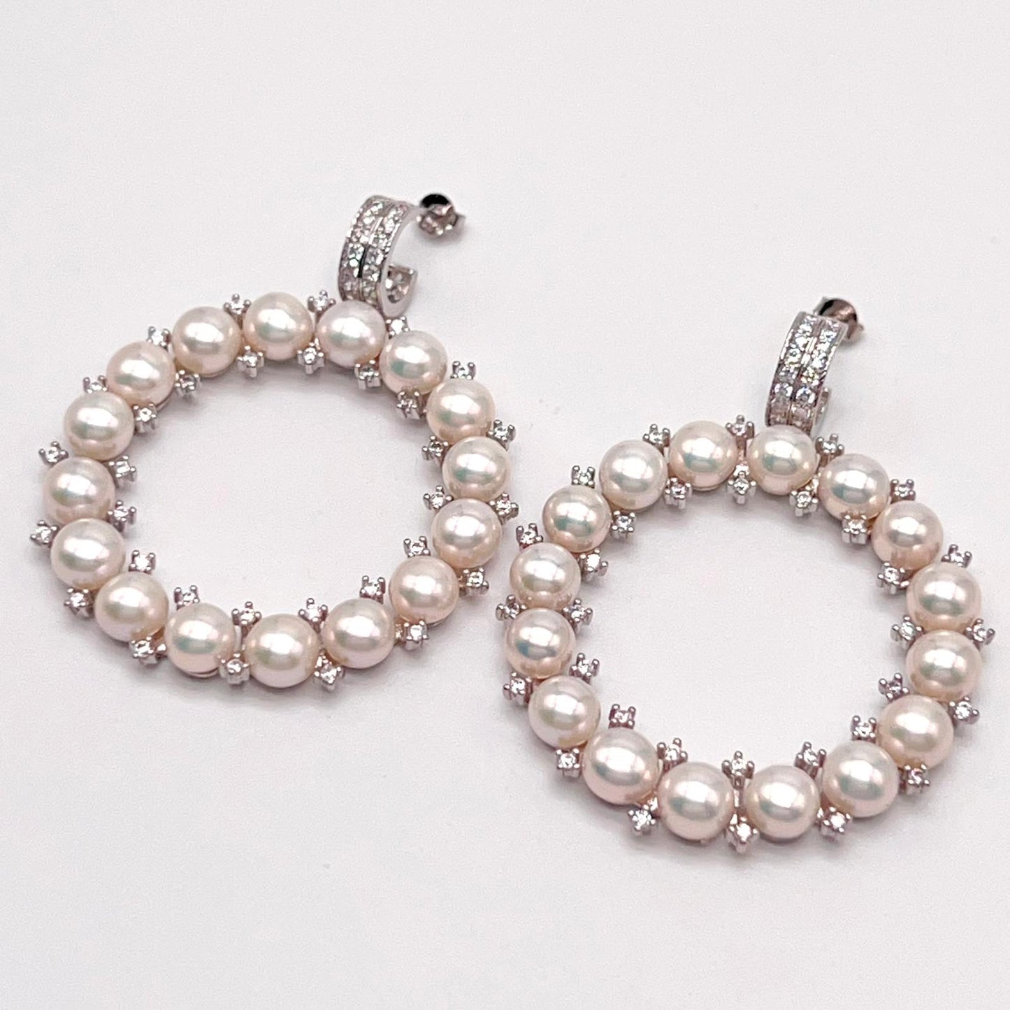 Cultured Pearl Halo Hoop Earrings Silver 925