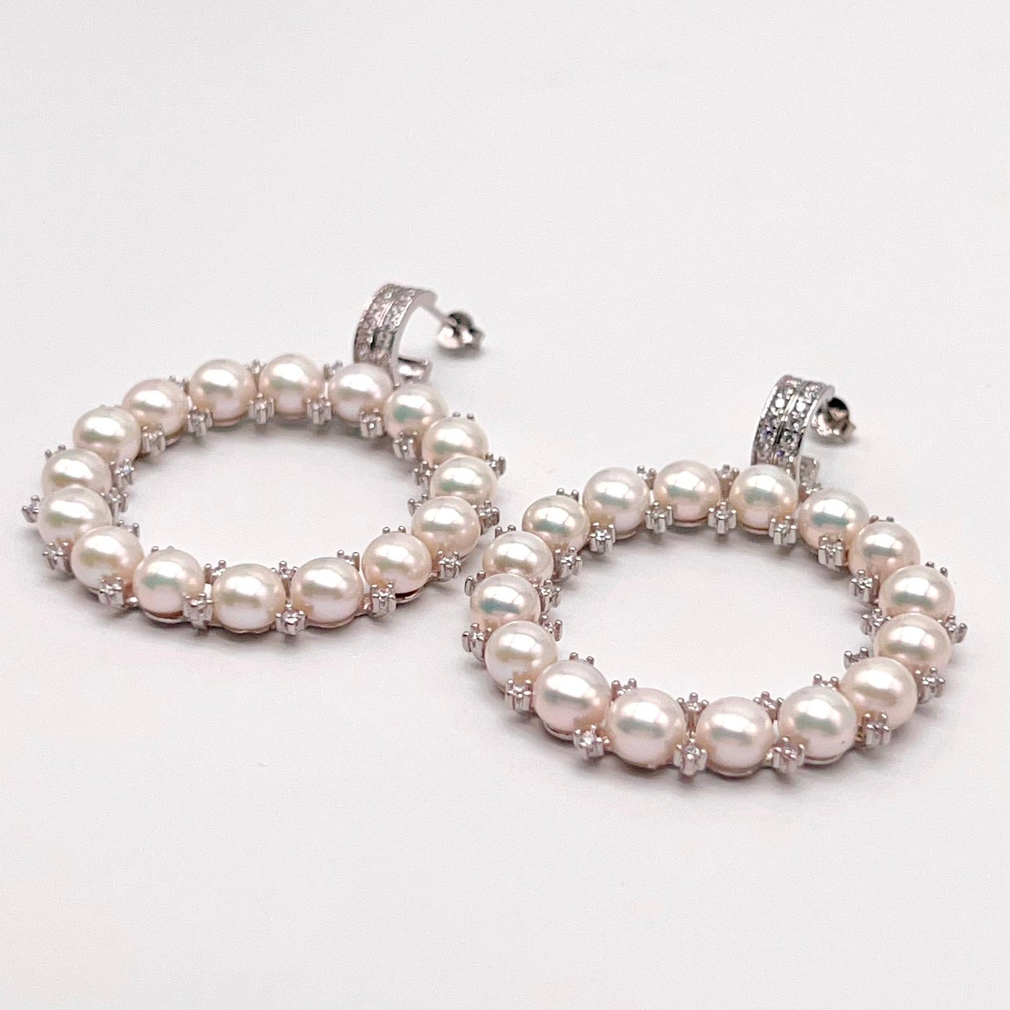 Cultured Pearl Halo Hoop Earrings Silver 925