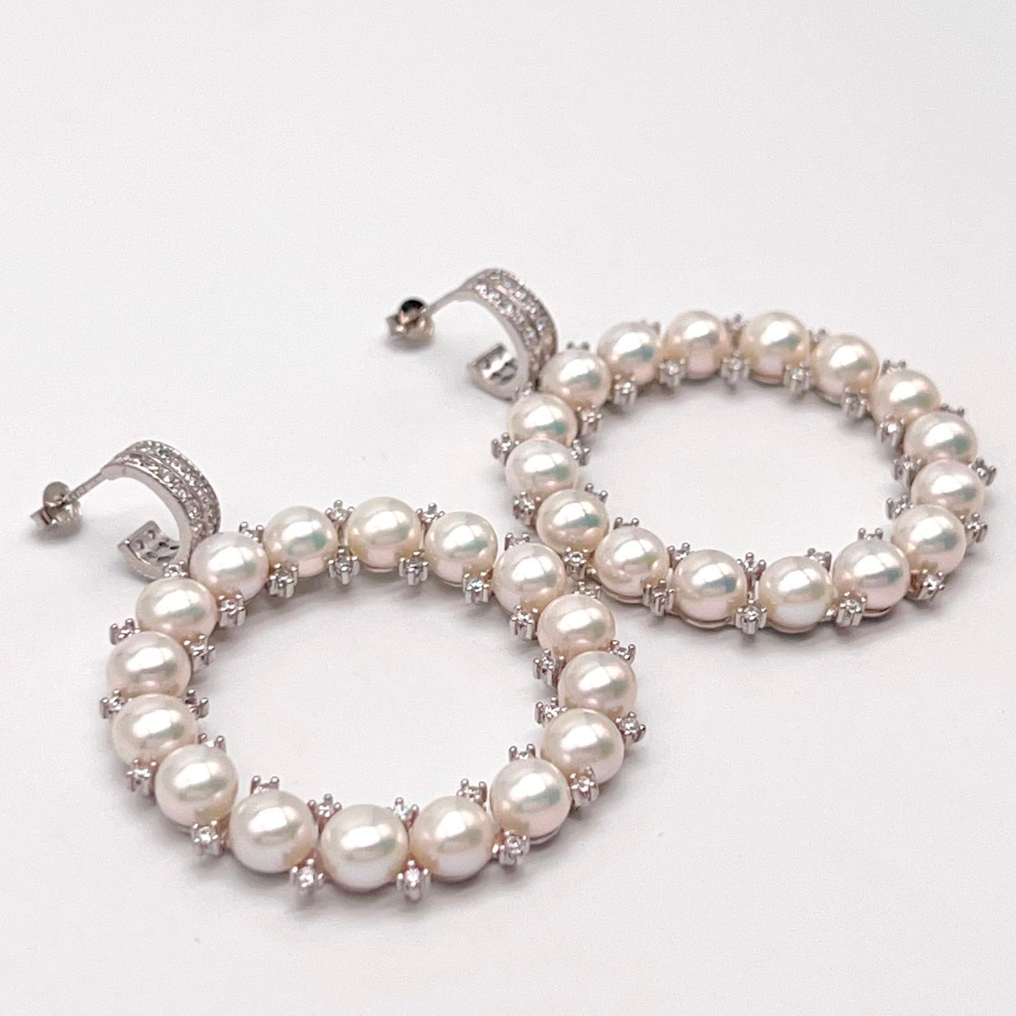 Cultured Pearl Halo Hoop Earrings Silver 925