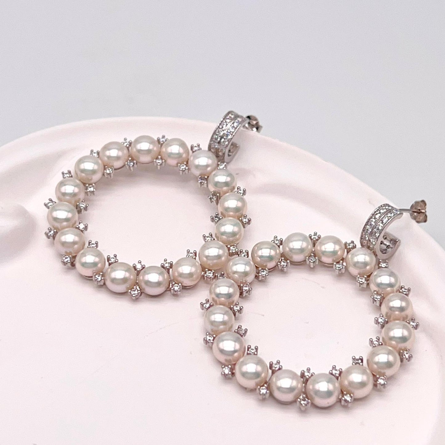Cultured Pearl Halo Hoop Earrings Silver 925