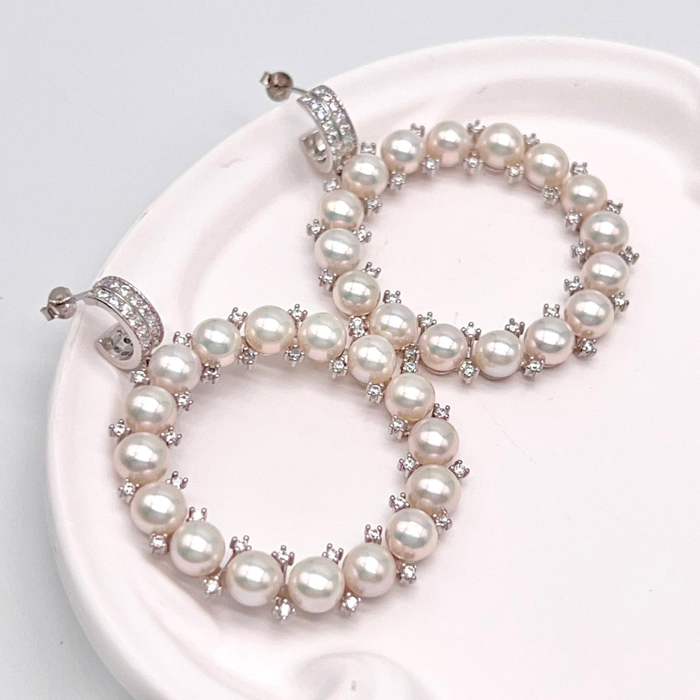Cultured Pearl Halo Hoop Earrings Silver 925