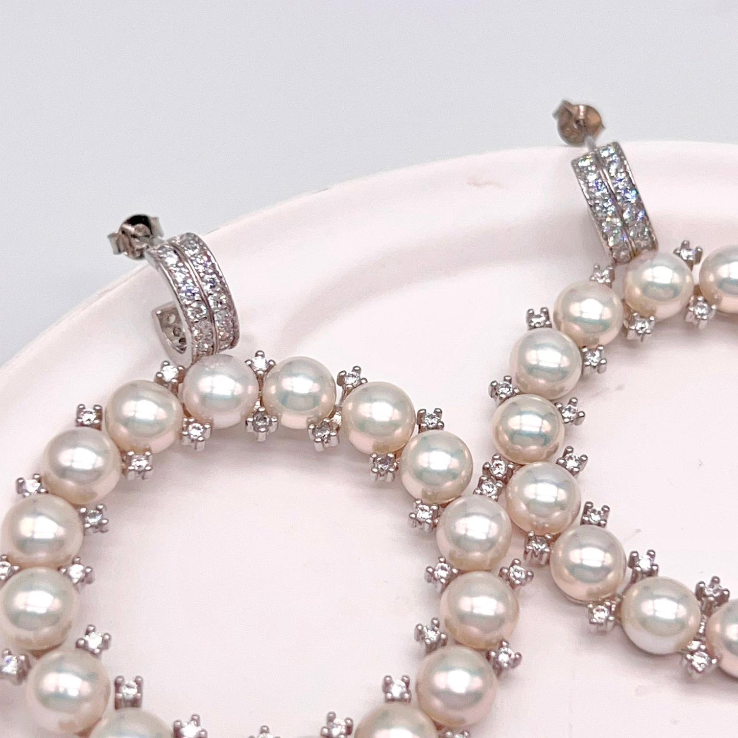Cultured Pearl Halo Hoop Earrings Silver 925