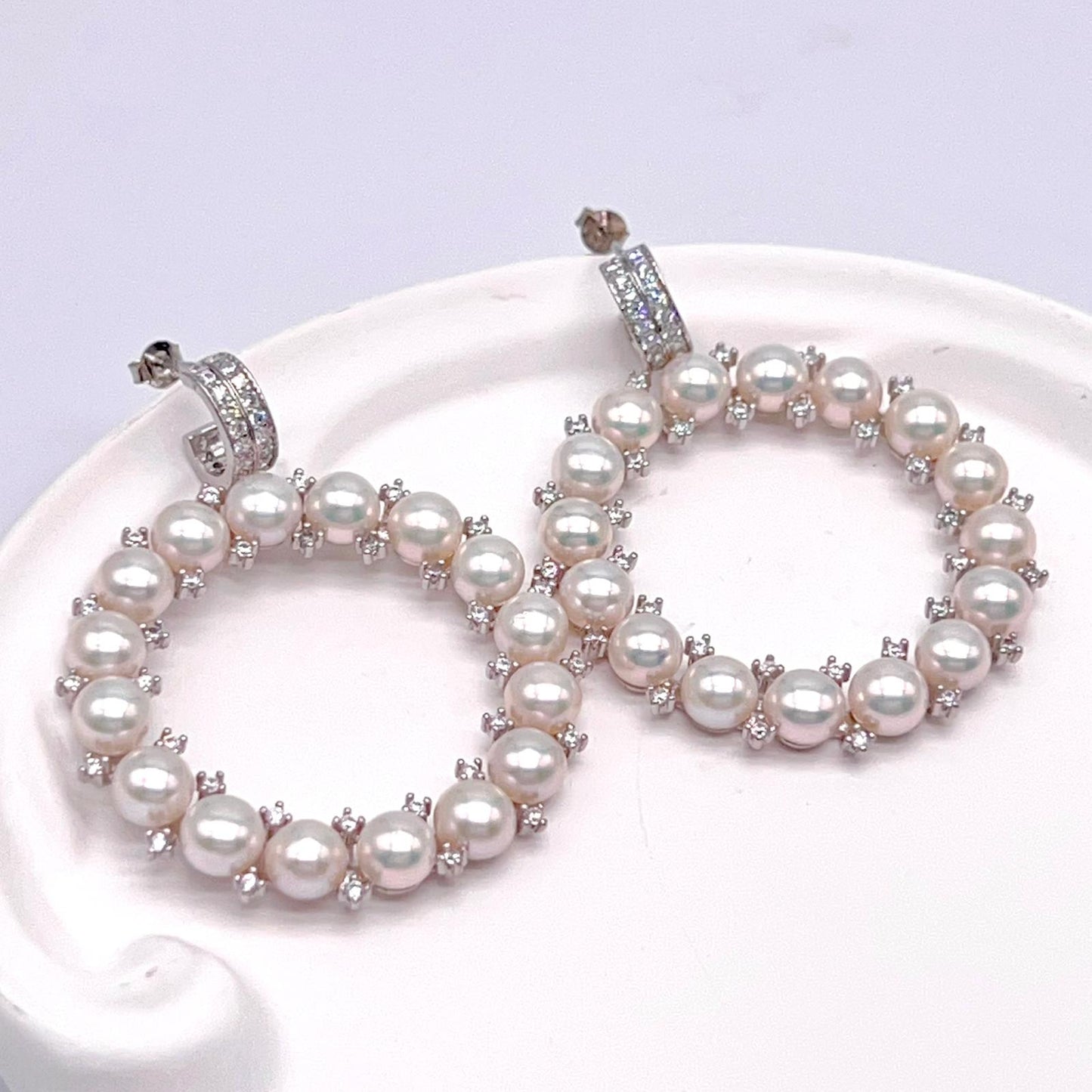 Cultured Pearl Halo Hoop Earrings Silver 925