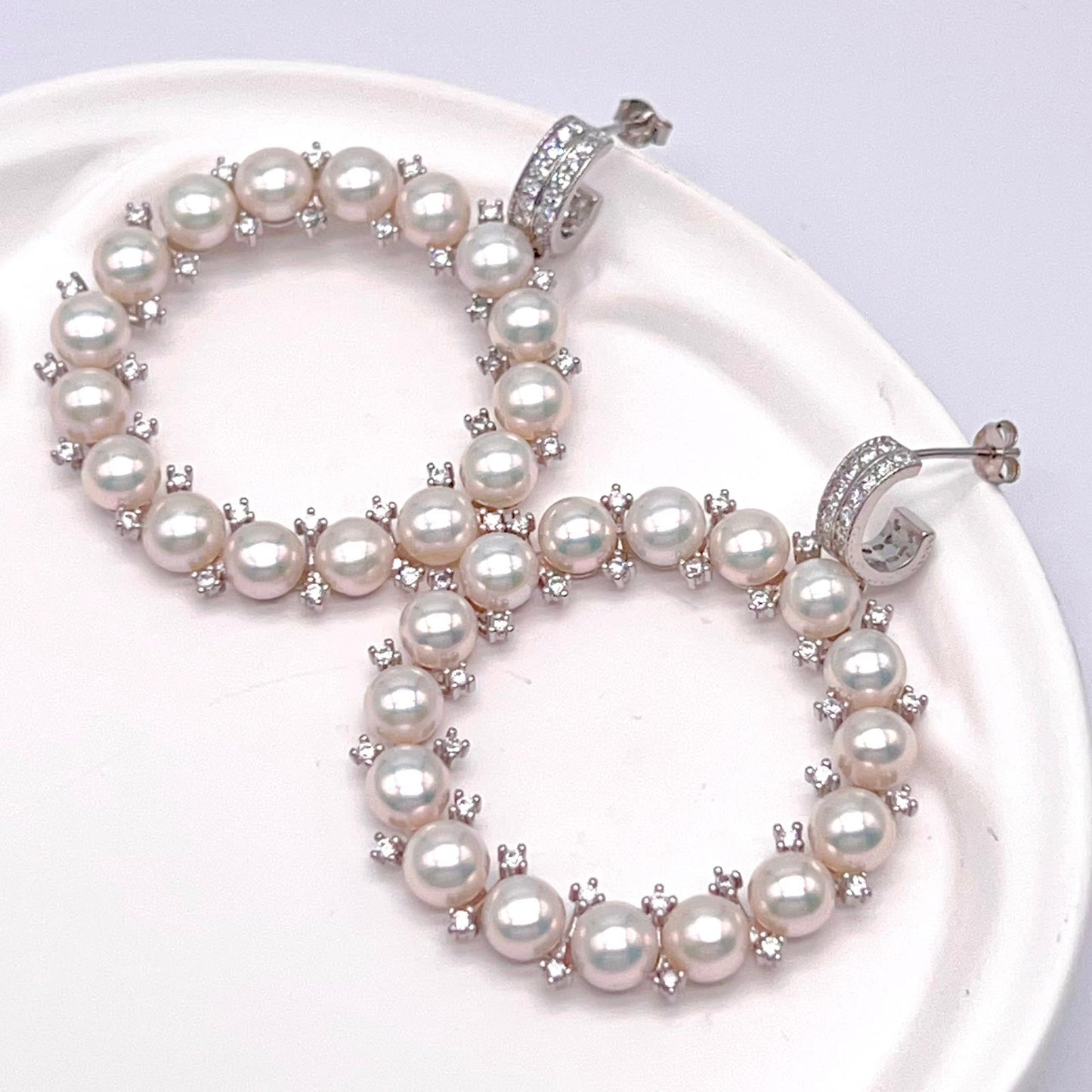 Cultured Pearl Halo Hoop Earrings Silver 925