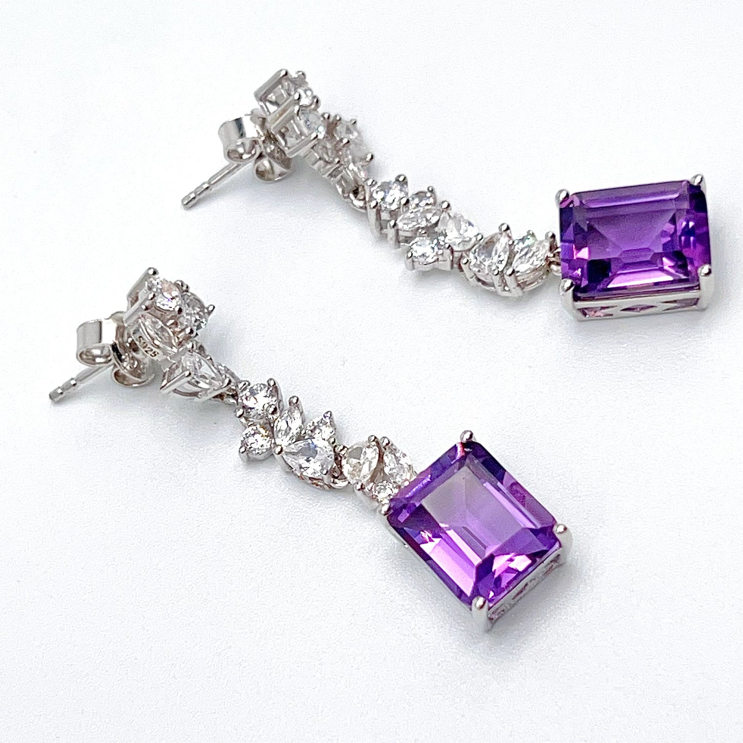 Contemporary Cocktail. Earring of Amethyst in Silver 925. Emerald Cut Rectangle