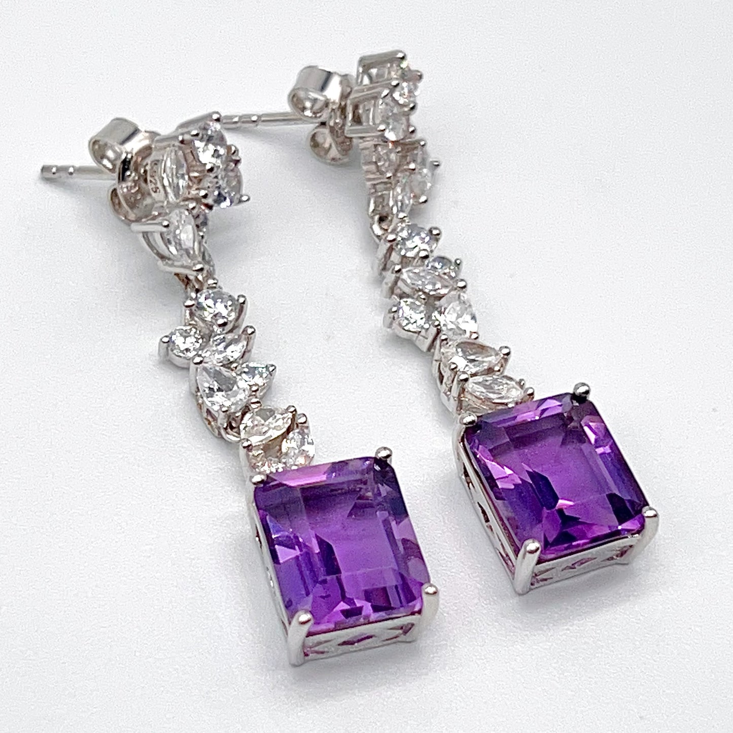 Contemporary Cocktail. Earring of Amethyst in Silver 925. Emerald Cut Rectangle