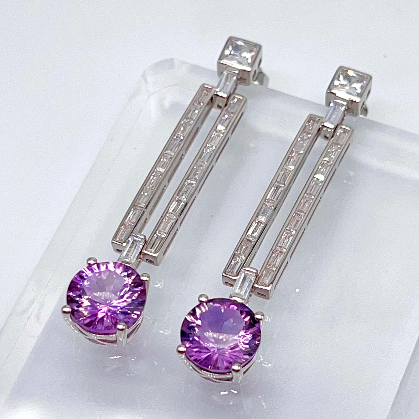 Contemporary Cocktail Amethyst Earrings in Silver 925 Round Art Deco Inspired