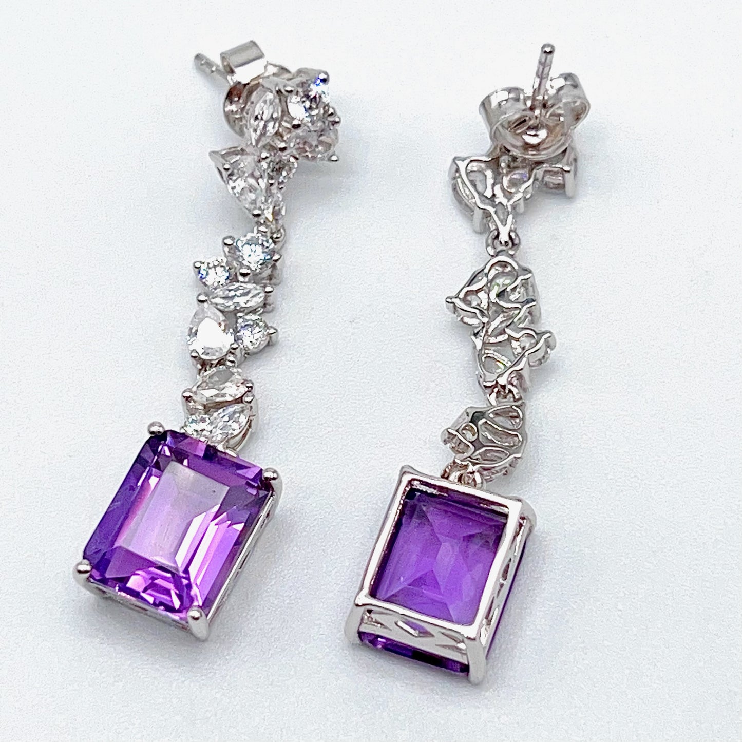 Contemporary Cocktail. Earring of Amethyst in Silver 925. Emerald Cut Rectangle