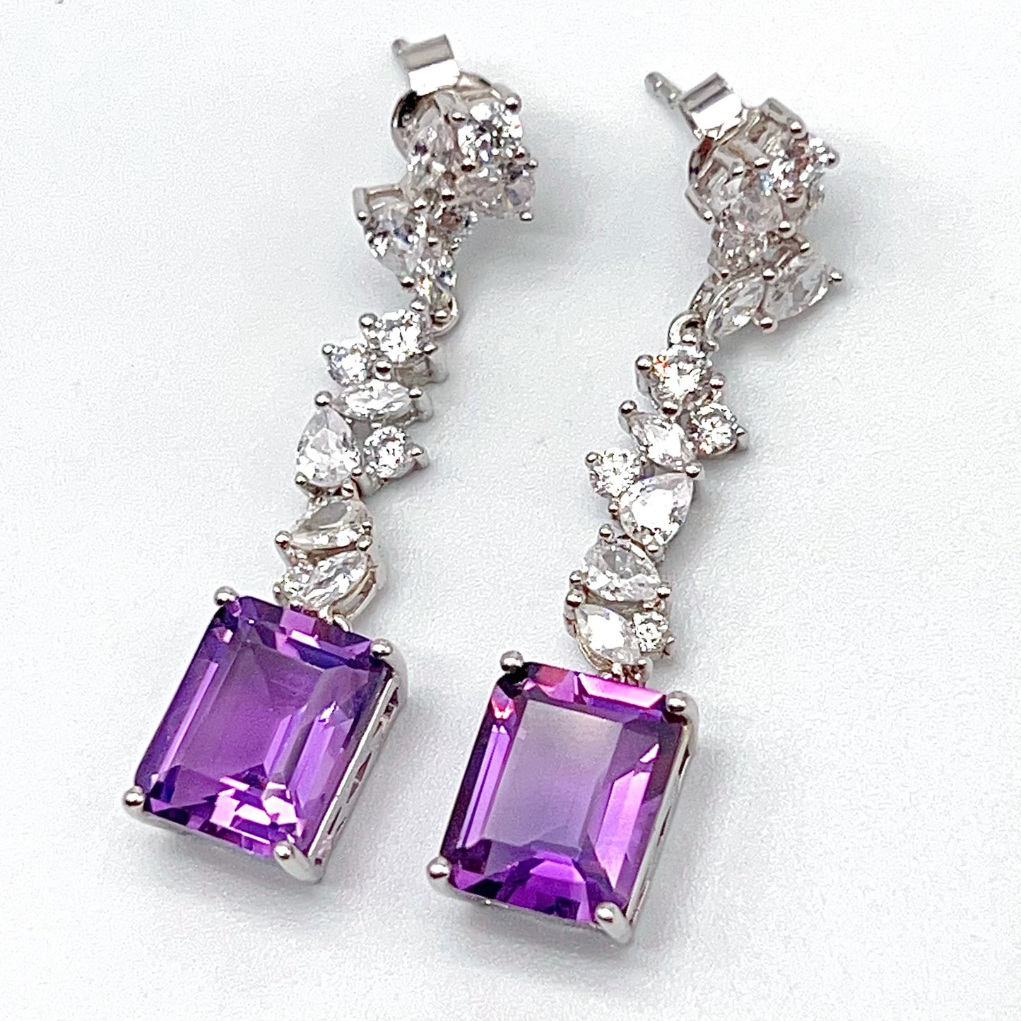 Contemporary Cocktail. Earring of Amethyst in Silver 925. Emerald Cut Rectangle