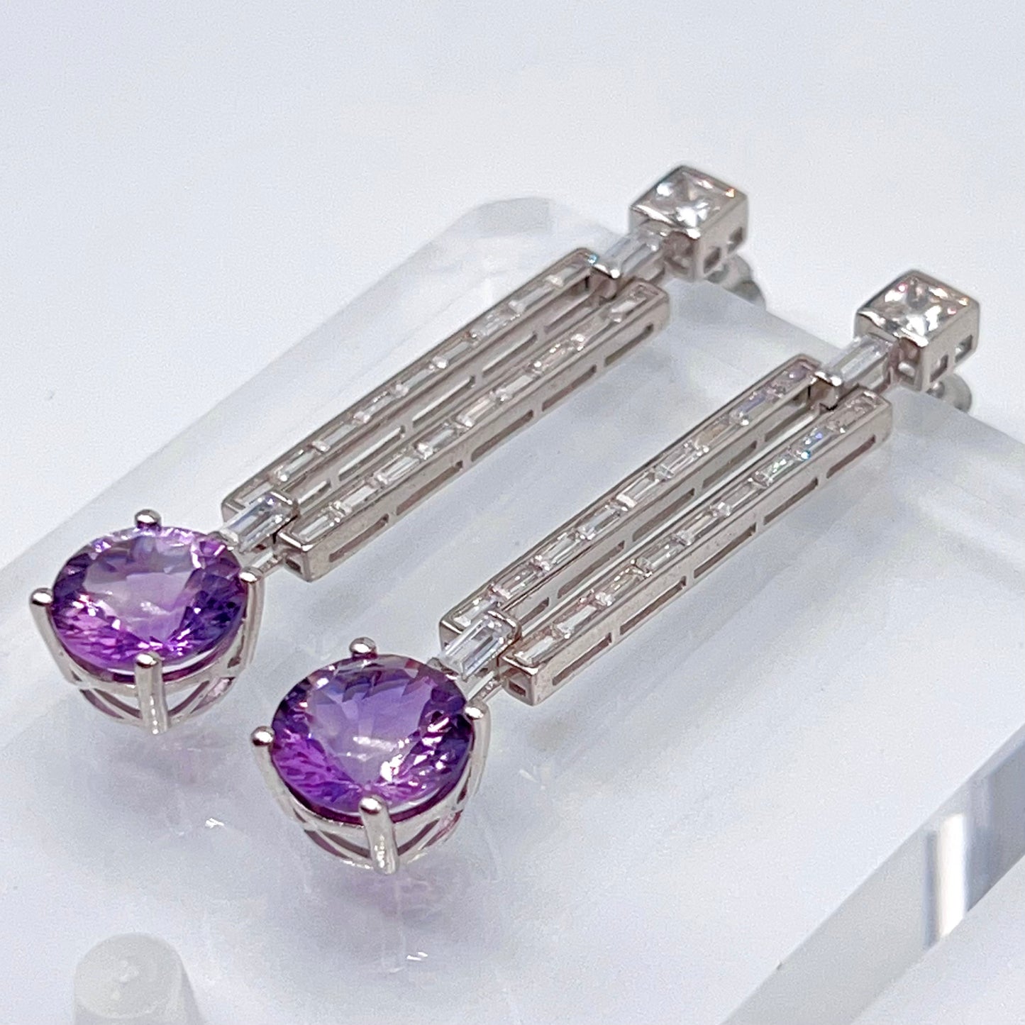 Contemporary Cocktail Amethyst Earrings in Silver 925 Round Art Deco Inspired