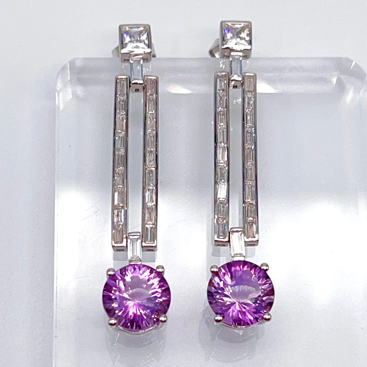 Contemporary Cocktail Amethyst Earrings in Silver 925 Round Art Deco Inspired