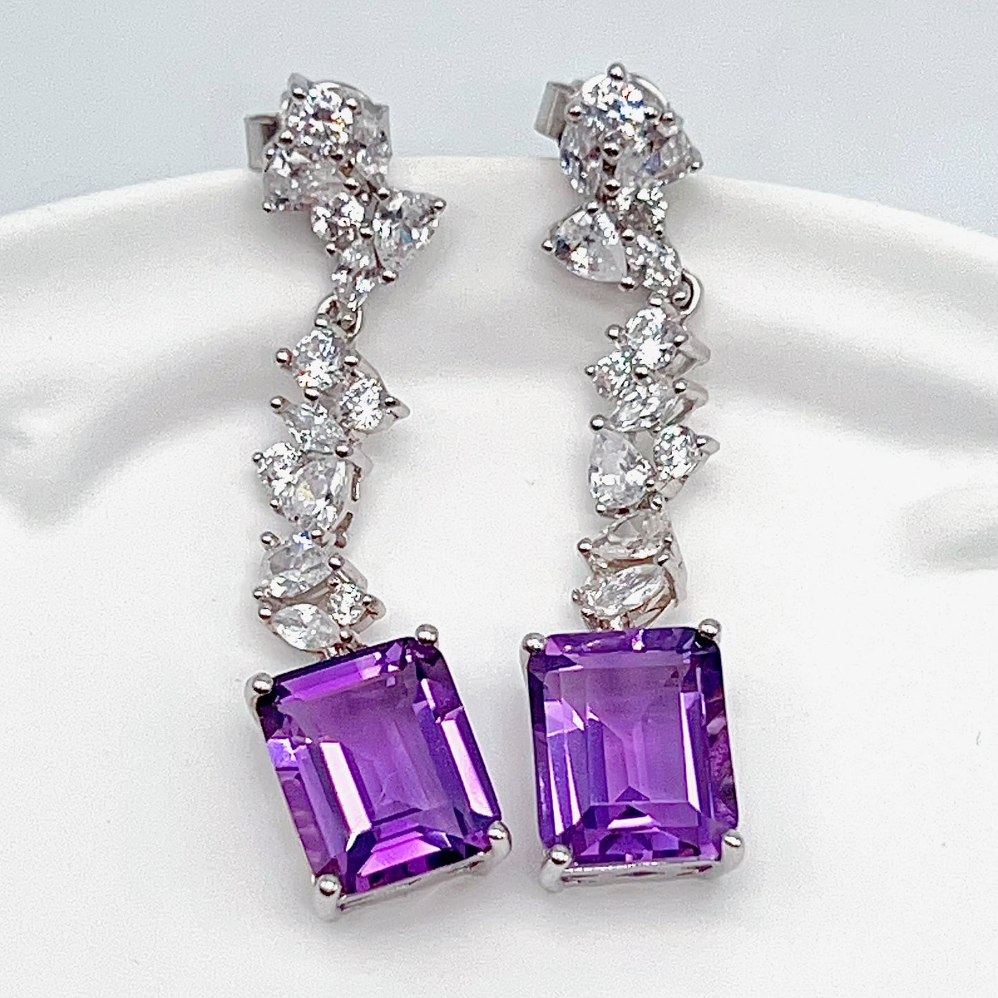 Contemporary Cocktail. Earring of Amethyst in Silver 925. Emerald Cut Rectangle