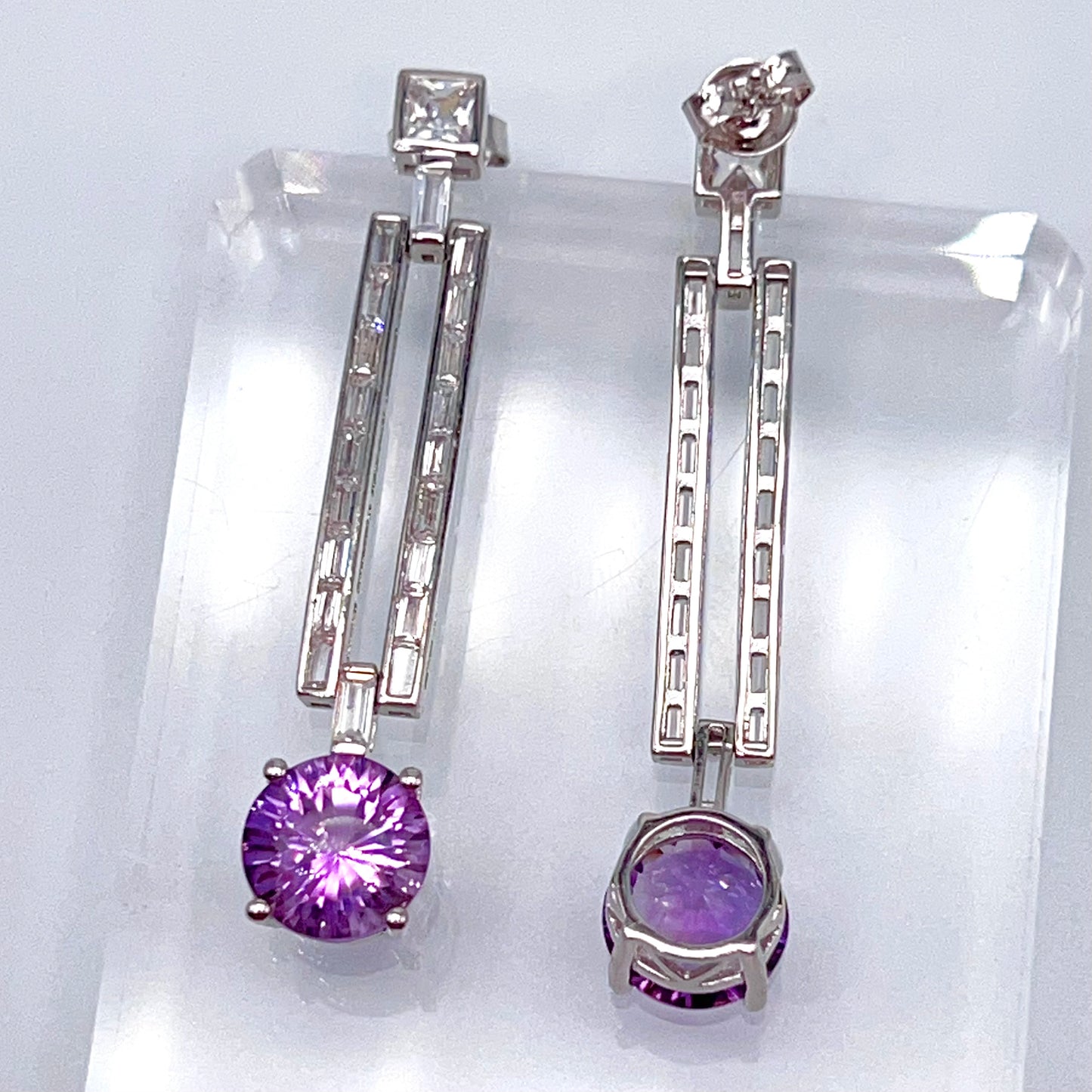 Contemporary Cocktail Amethyst Earrings in Silver 925 Round Art Deco Inspired