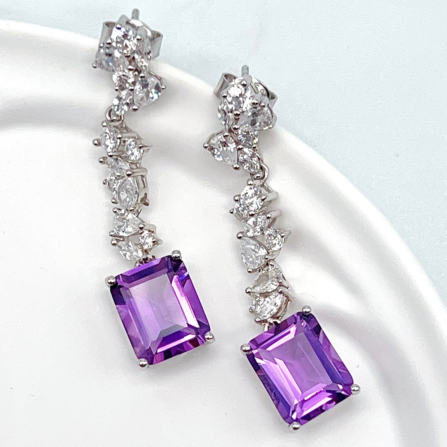 Contemporary Cocktail. Earring of Amethyst in Silver 925. Emerald Cut Rectangle