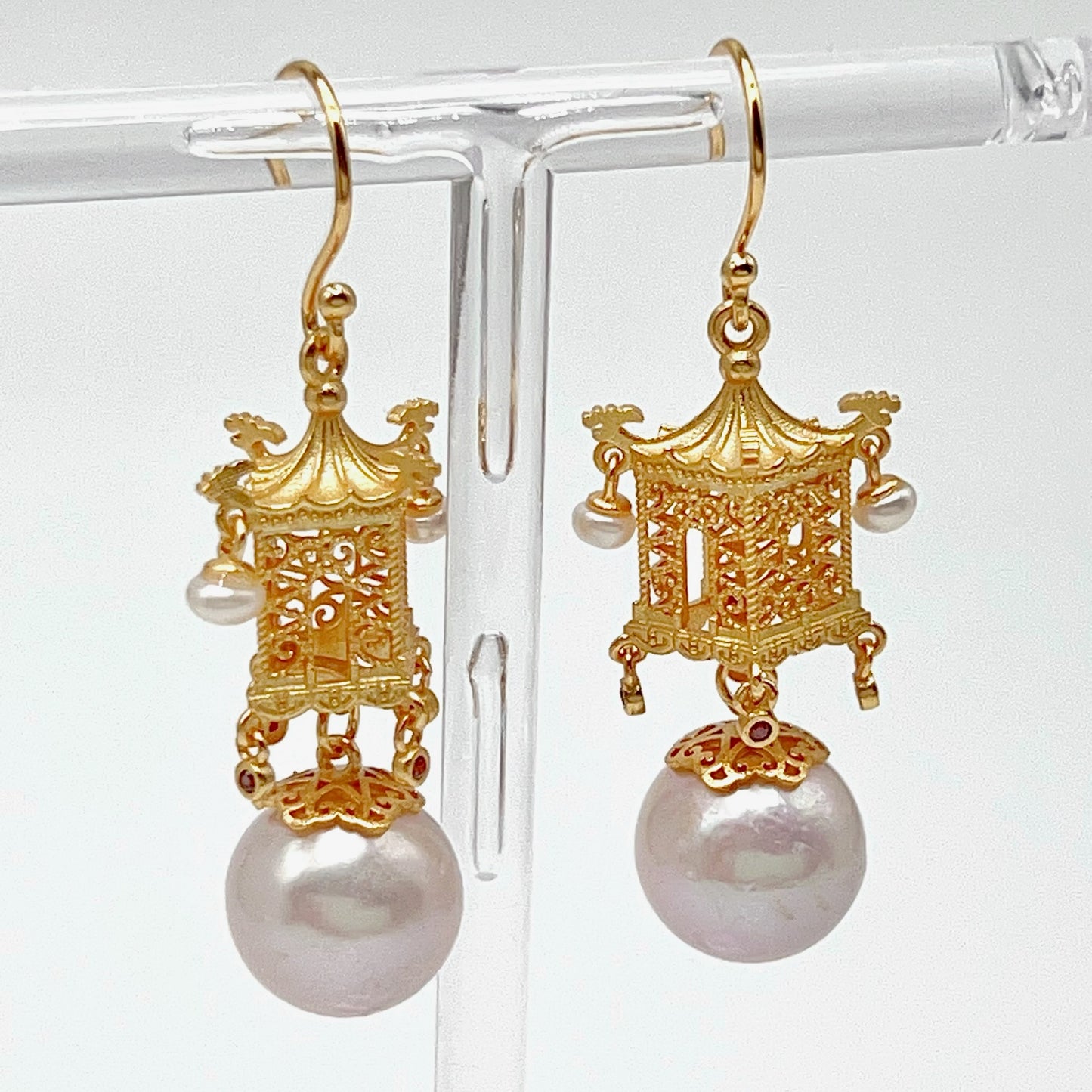Retro Wind. Earring of Edison Pearl in Silver 925. Ancient Oriental Temple Three-Dimensional