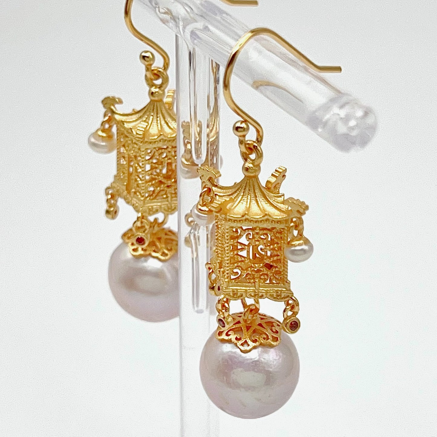 Retro Wind. Earring of Edison Pearl in Silver 925. Ancient Oriental Temple Three-Dimensional