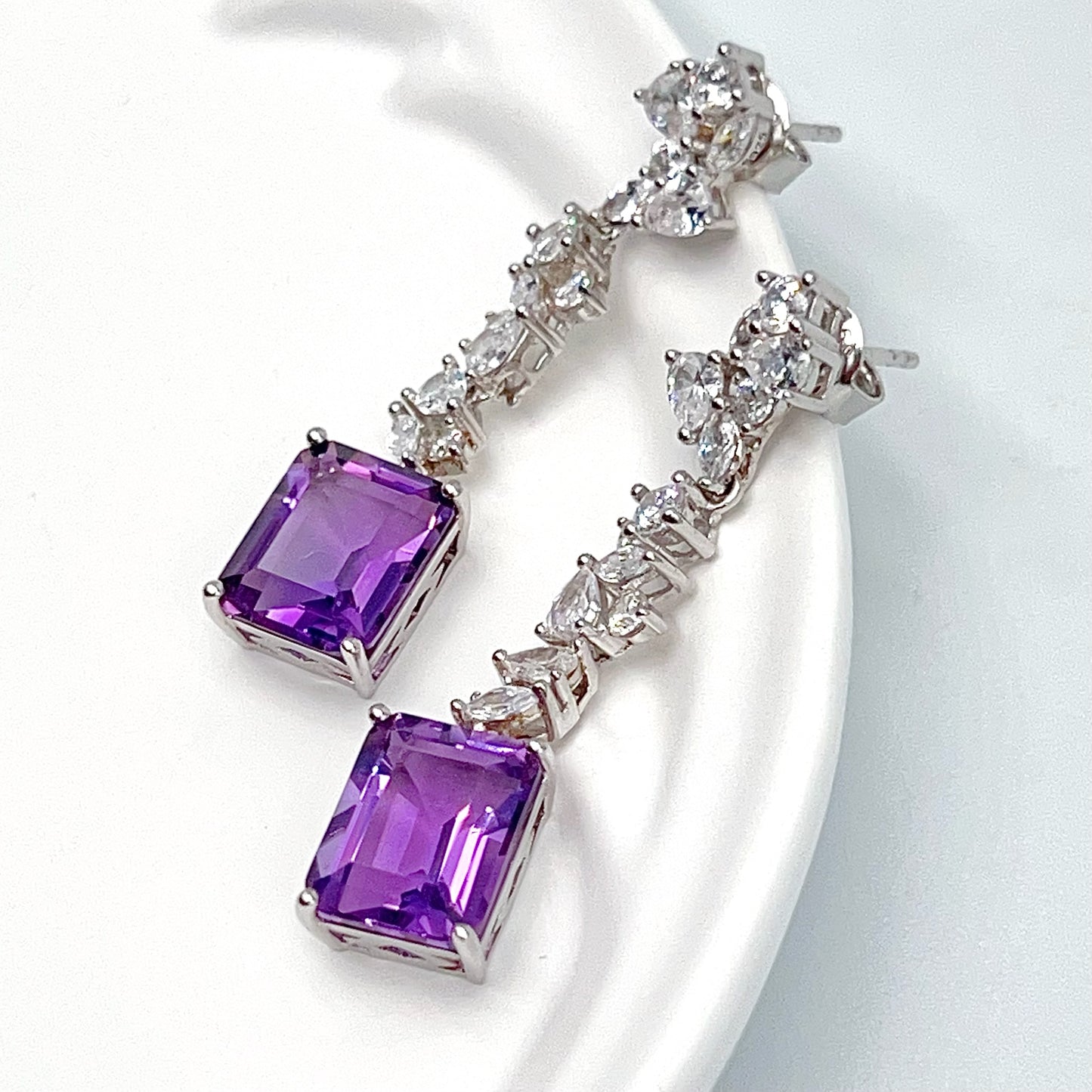 Contemporary Cocktail. Earring of Amethyst in Silver 925. Emerald Cut Rectangle