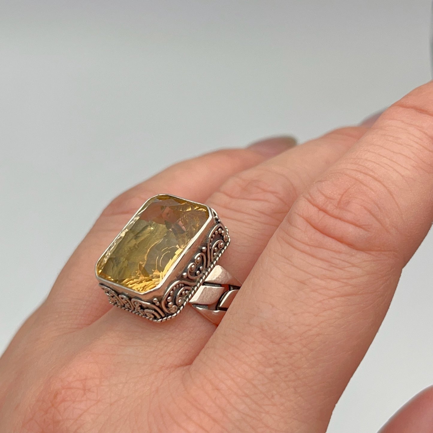 Retro Wind . Ring of Citrine in Silver 925. Rectangle . Decorative Texture