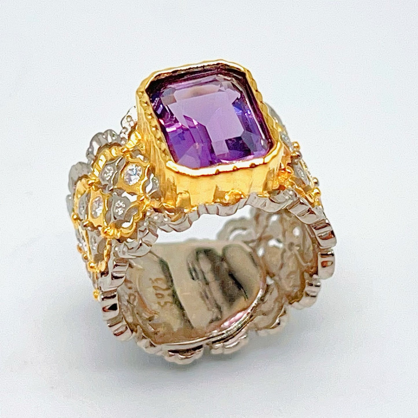 Contemporary Cocktail.Ring of Amethyst in Silver 925 . Tulle Inspired Wide
