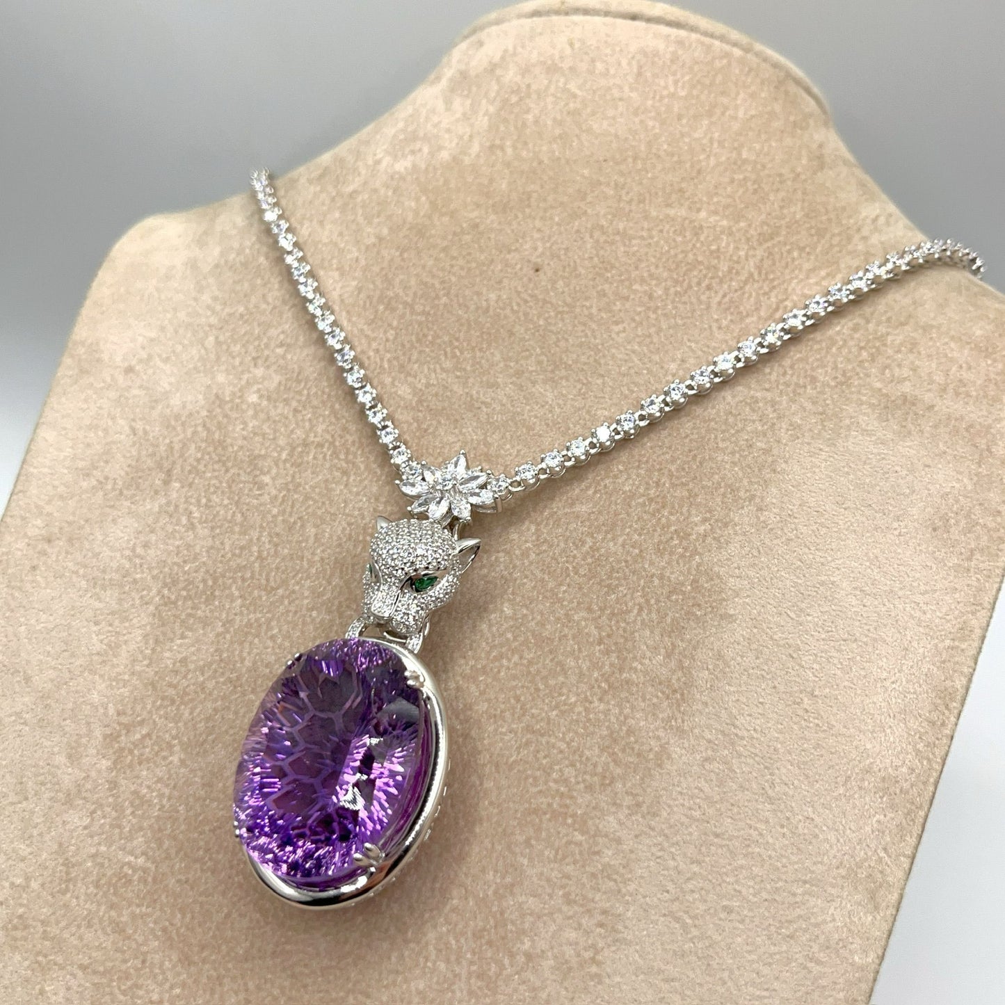 Contemporary Cocktail. Amethyst Pendant with Detachable Necklace in silver 925 . Panther