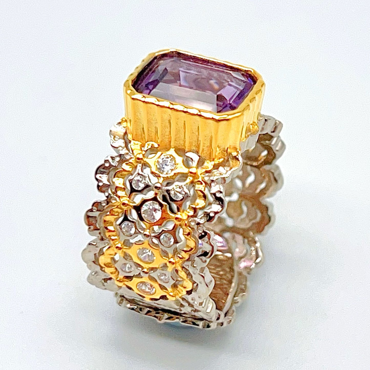 Contemporary Cocktail.Ring of Amethyst in Silver 925 . Tulle Inspired Wide