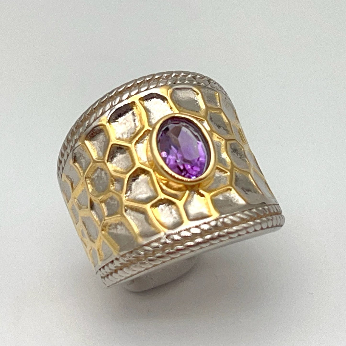 Retro Wind. Ring of Amethyst in Silver 925 .Golden Circle