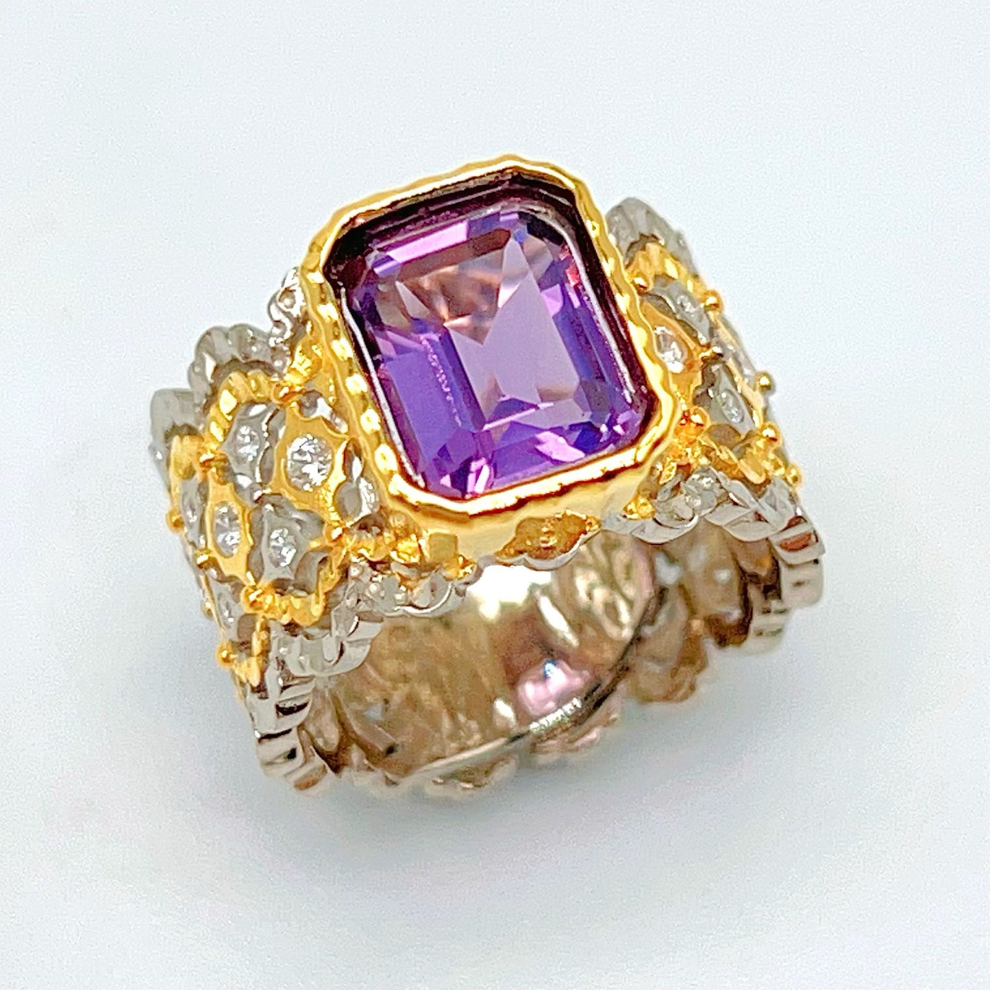 Contemporary Cocktail.Ring of Amethyst in Silver 925 . Tulle Inspired Wide