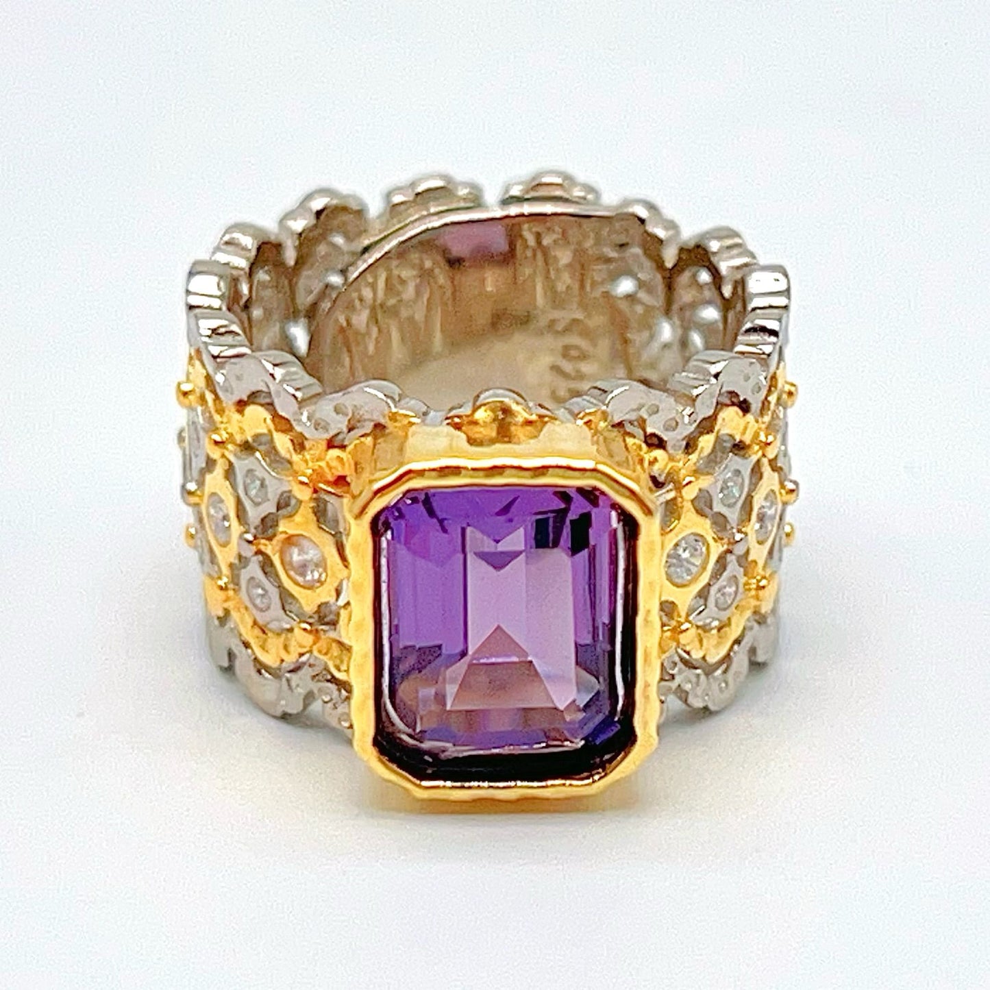 Contemporary Cocktail.Ring of Amethyst in Silver 925 . Tulle Inspired Wide