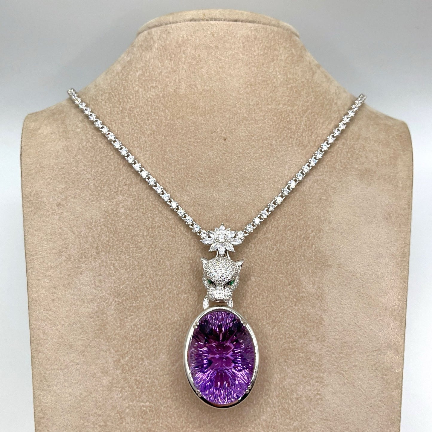Contemporary Cocktail. Amethyst Pendant with Detachable Necklace in silver 925 . Panther