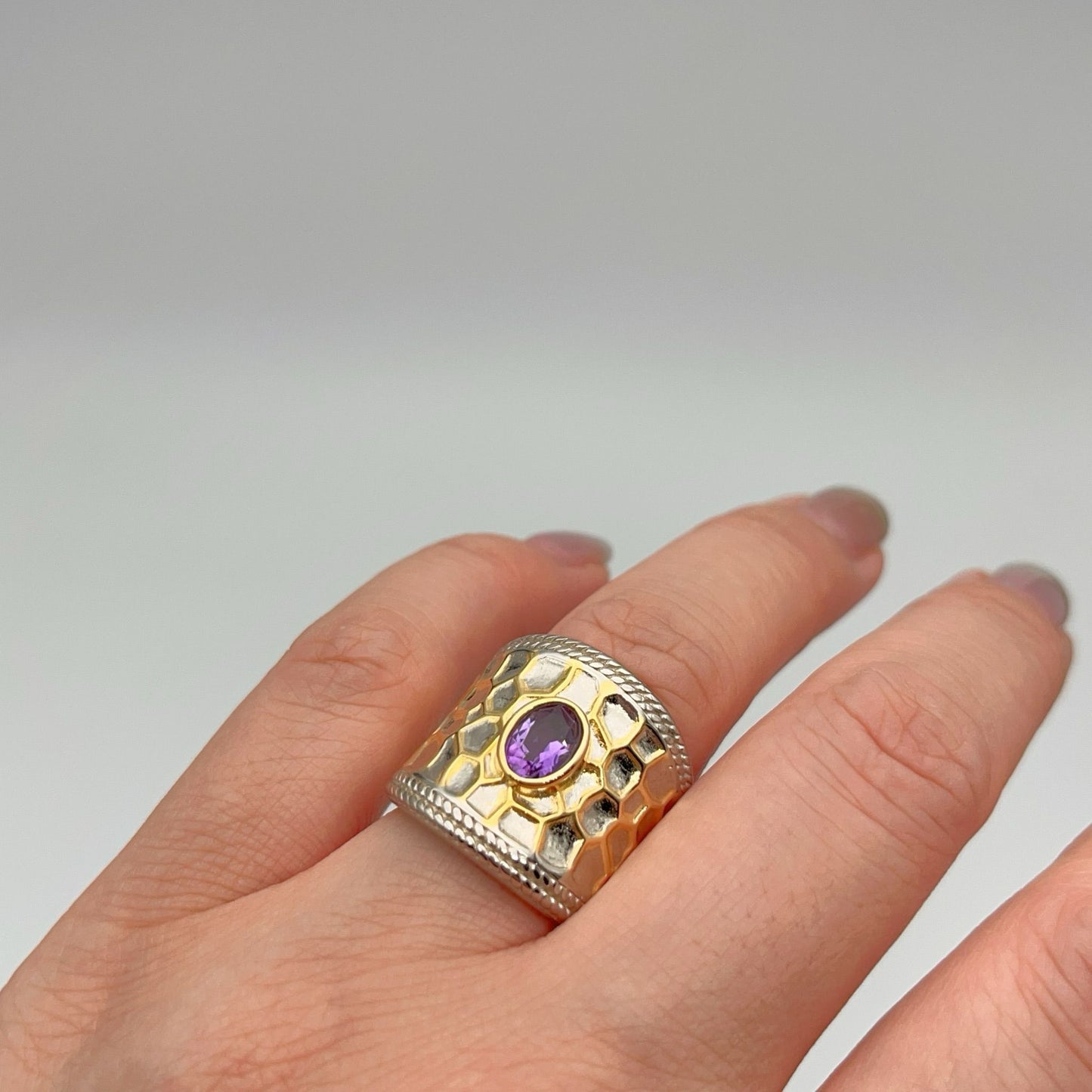 Retro Wind. Ring of Amethyst in Silver 925 .Golden Circle