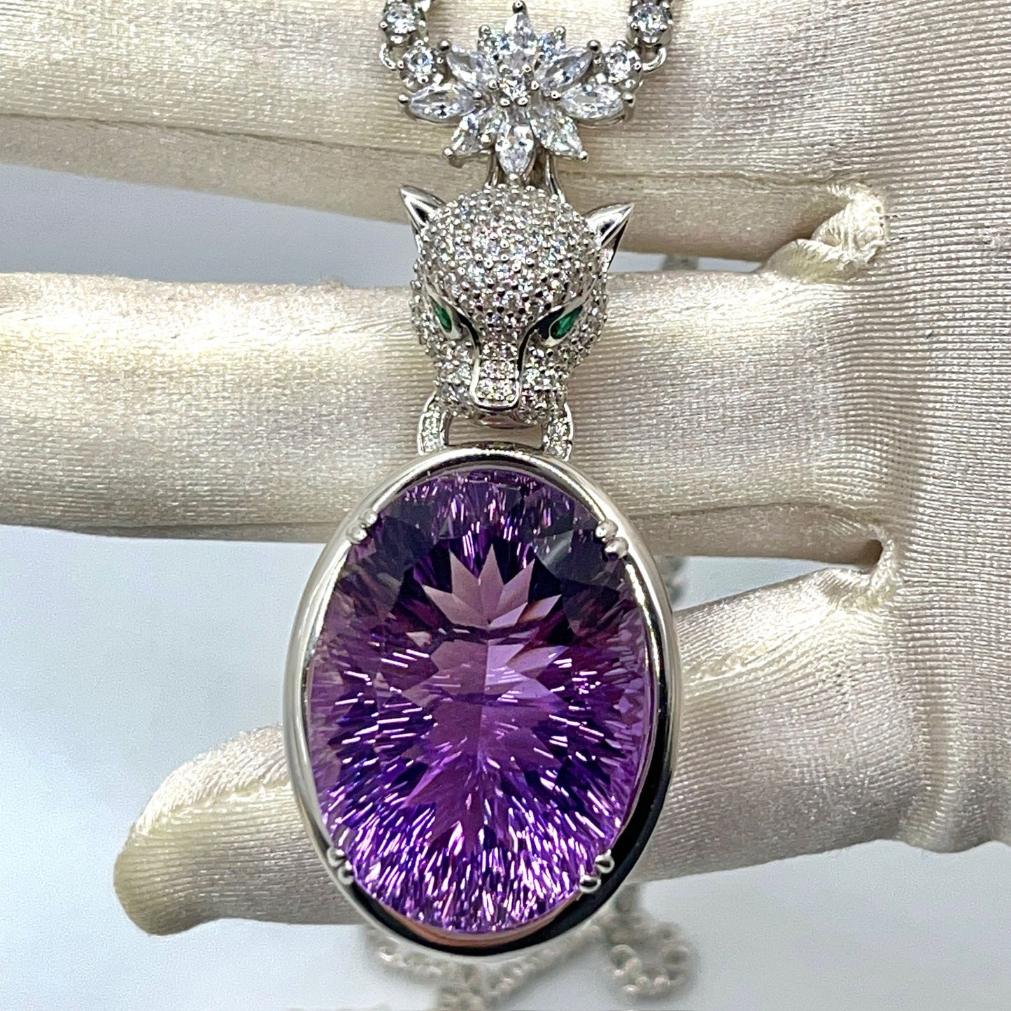 Contemporary Cocktail. Amethyst Pendant with Detachable Necklace in silver 925 . Panther