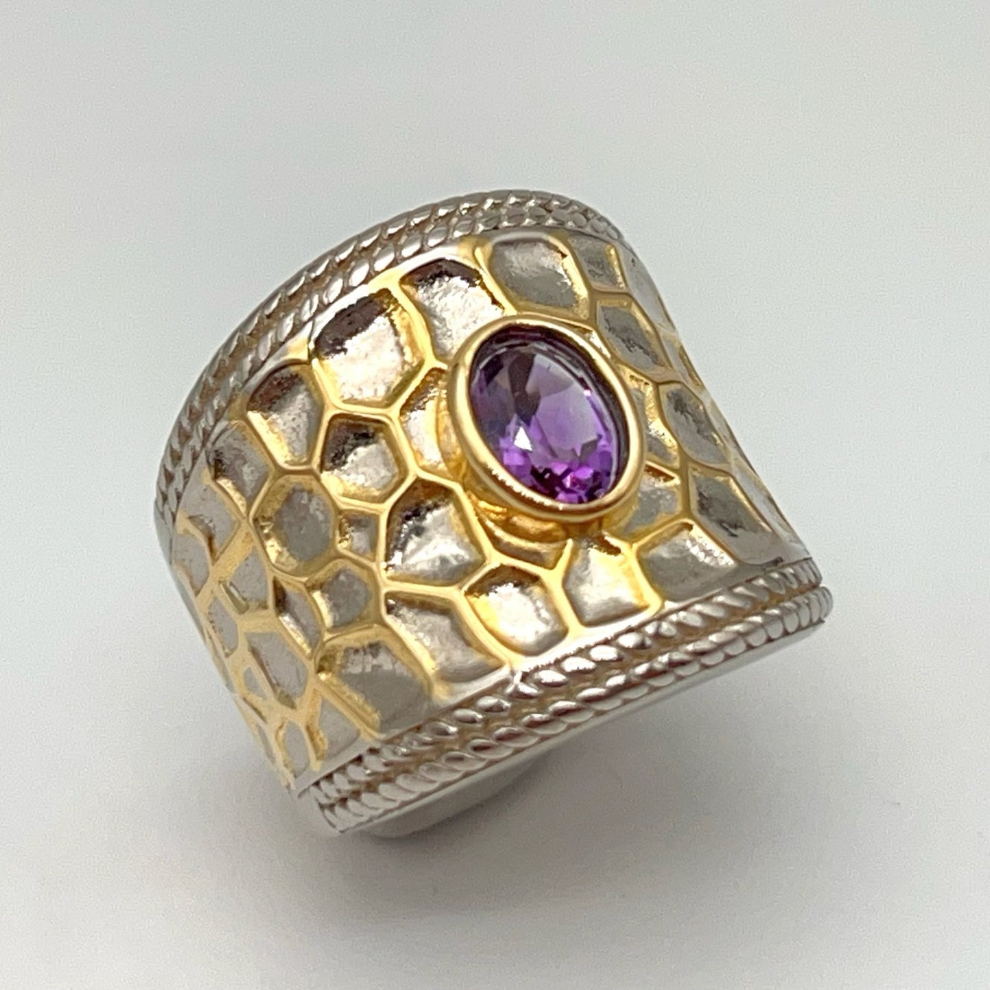 Retro Wind. Ring of Amethyst in Silver 925 .Golden Circle